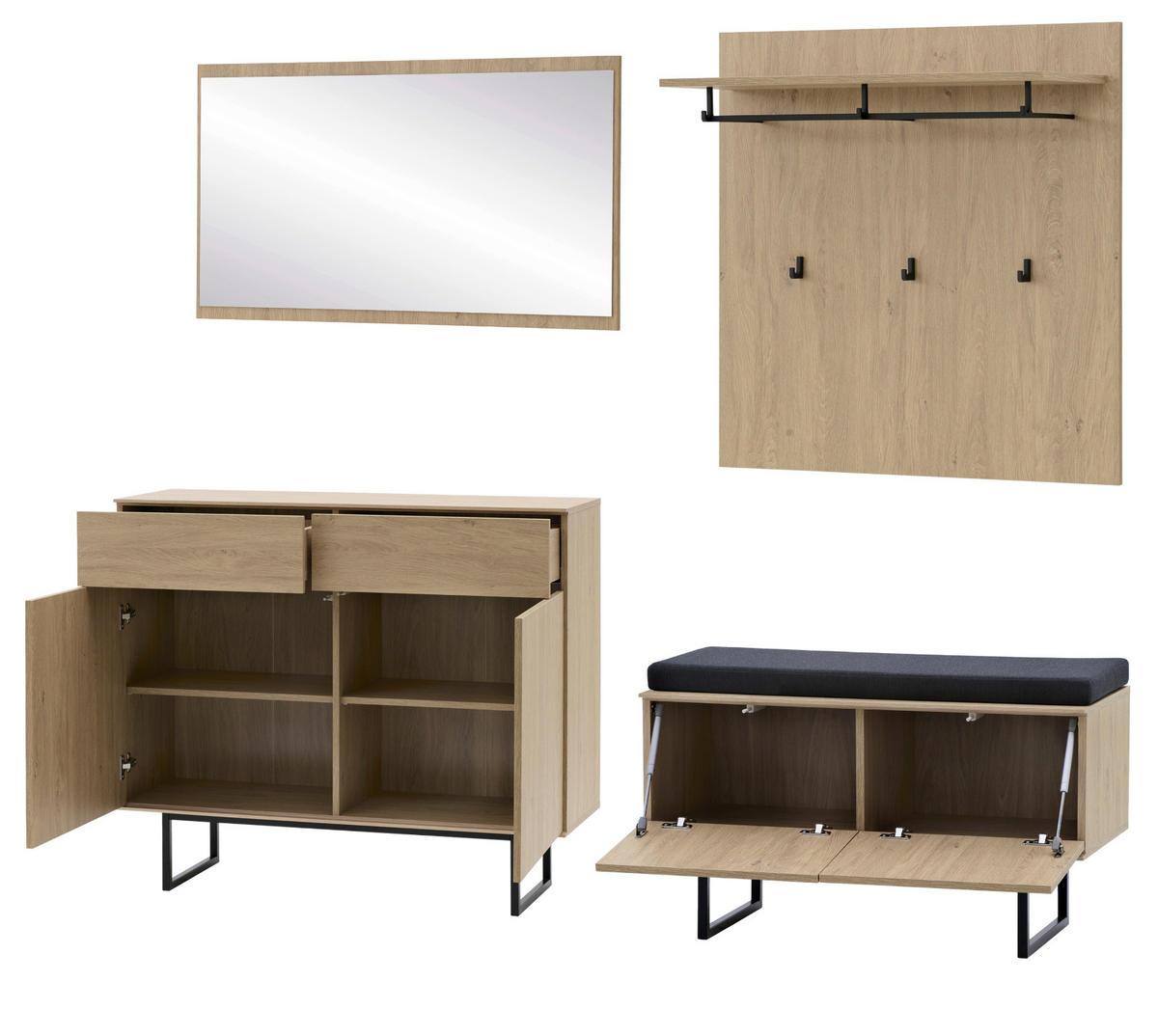 GARDEROBE-SET Stone Eiche 5-teilig 215 cm, Garderobenkombination in modernem Design - Eichefarben/Schwarz, Holzwerkstoff/Metall (215/200/40cm) - Furn.Design