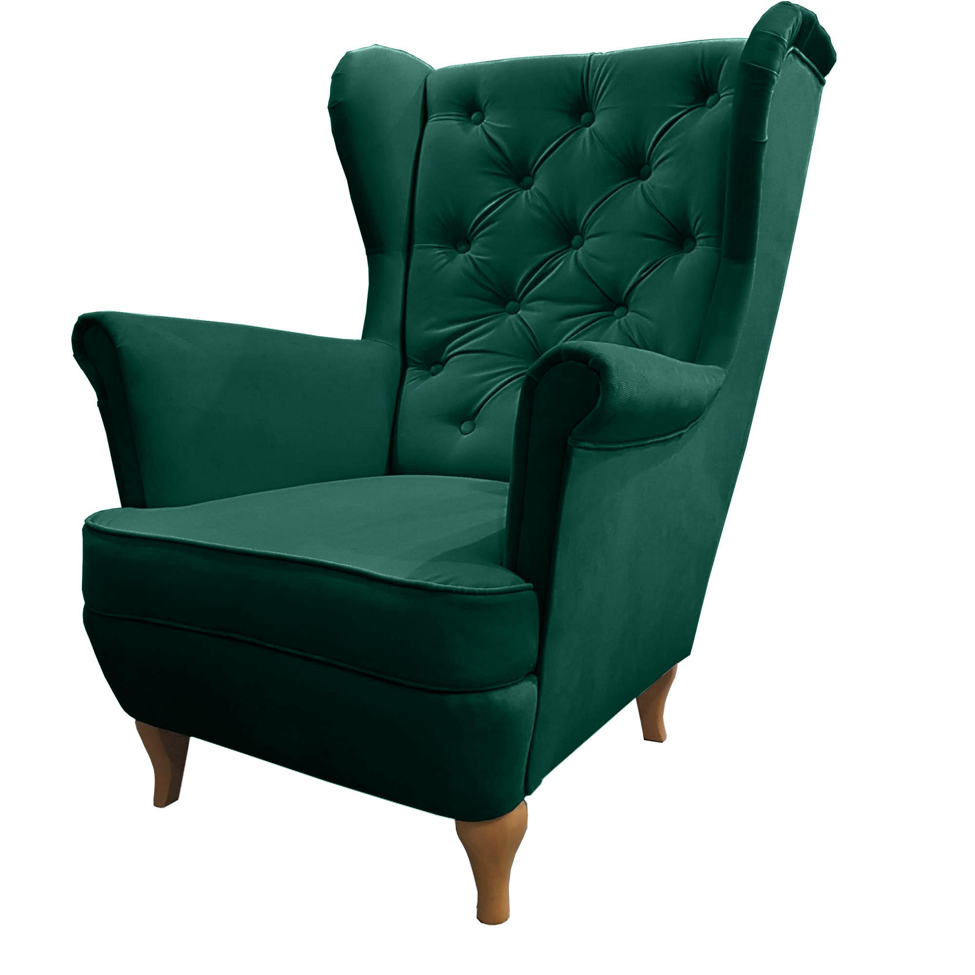 Beautysofa KŘESLO Chesterfield Falco zelené s dřevěnými nohami