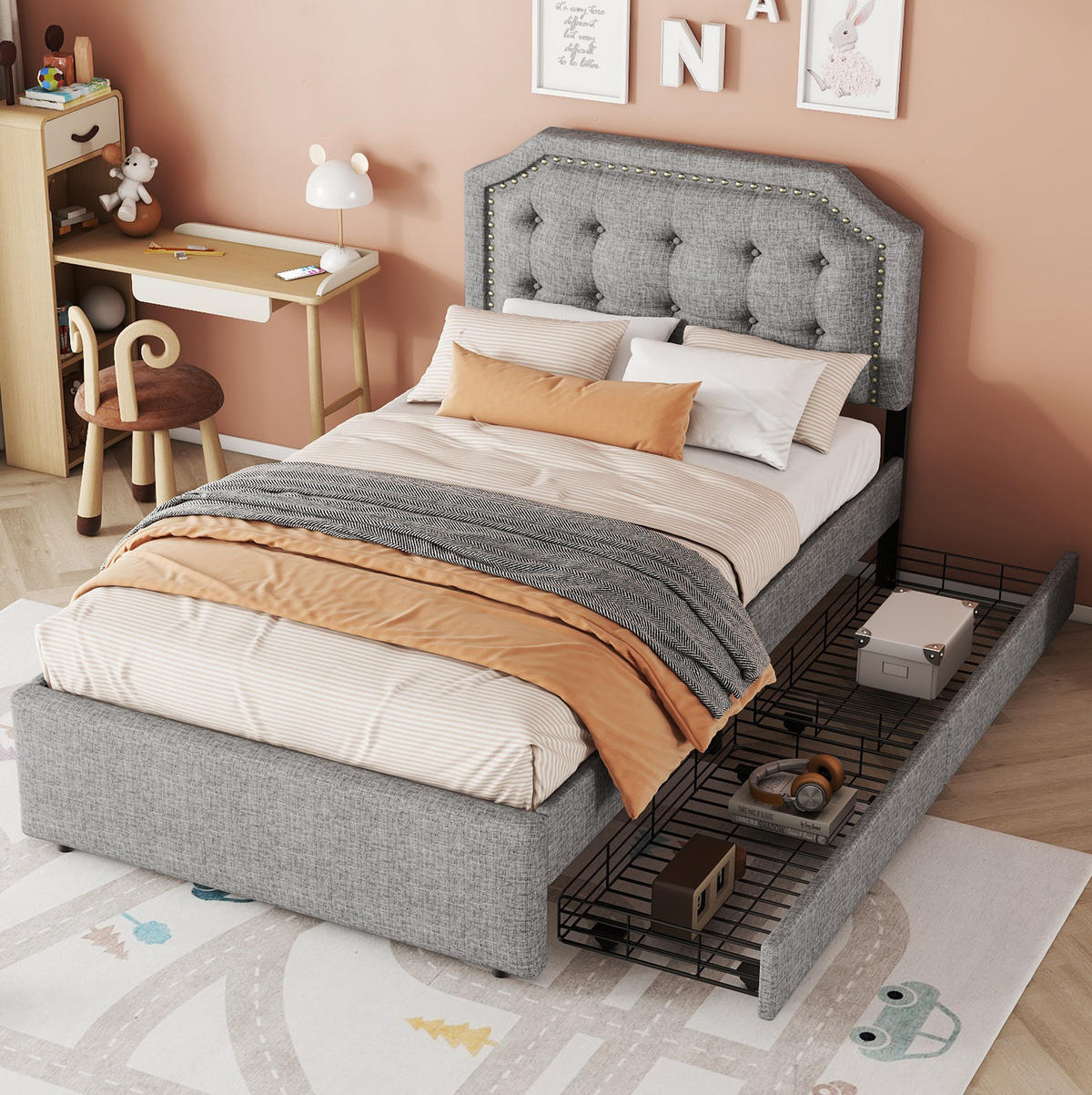 POLSTERBETT 90/200 cm Grau aus MDF mit 2 Schubladen - Grau, Textil (90/200cm) - OKMYHOME
