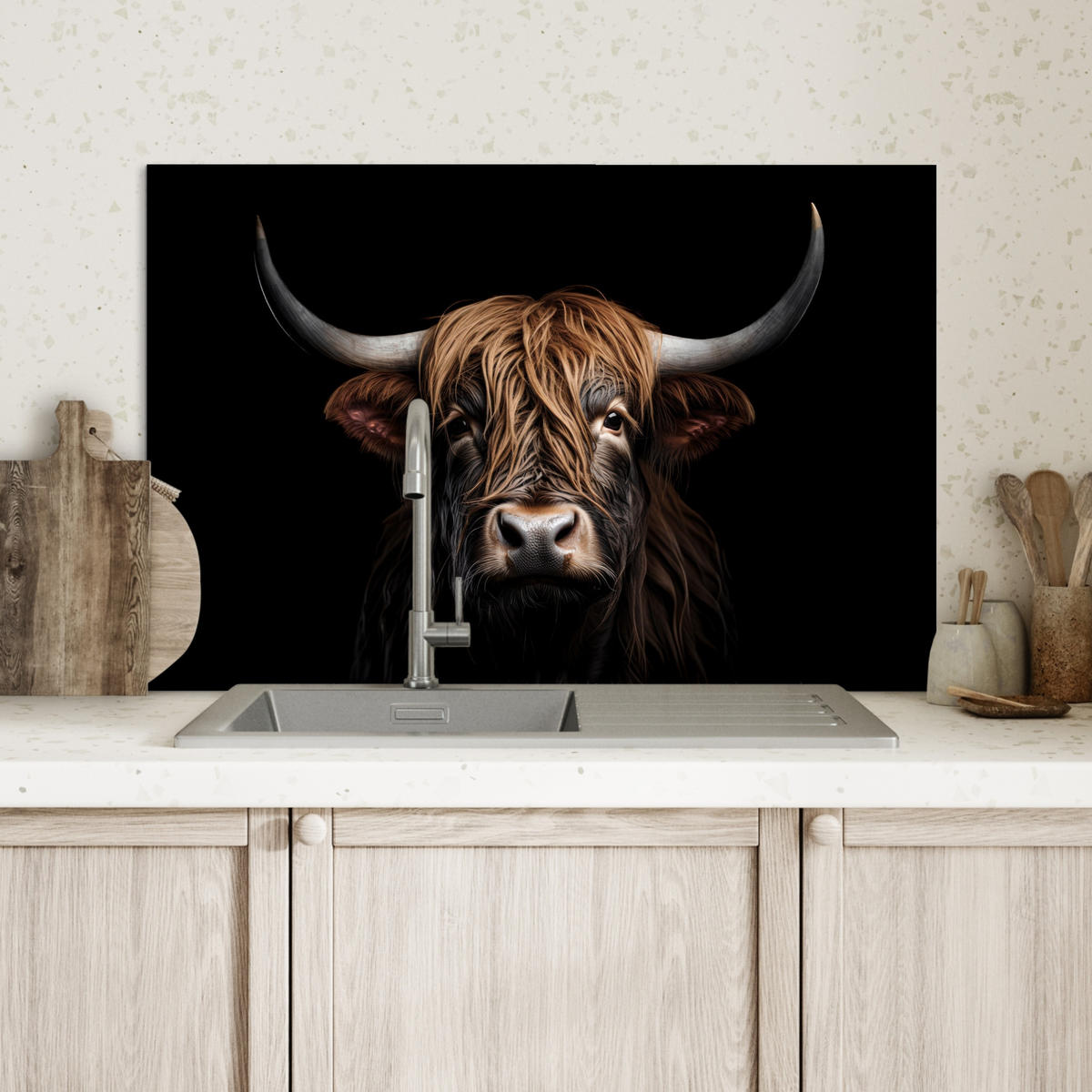 SPRITZSCHUTZ KÜCHE Schottischer Highlander - Porträt - Schwarz - Tier 60x40 cm - Braun, Metall (60/0.3/40cm) - MuchoWow