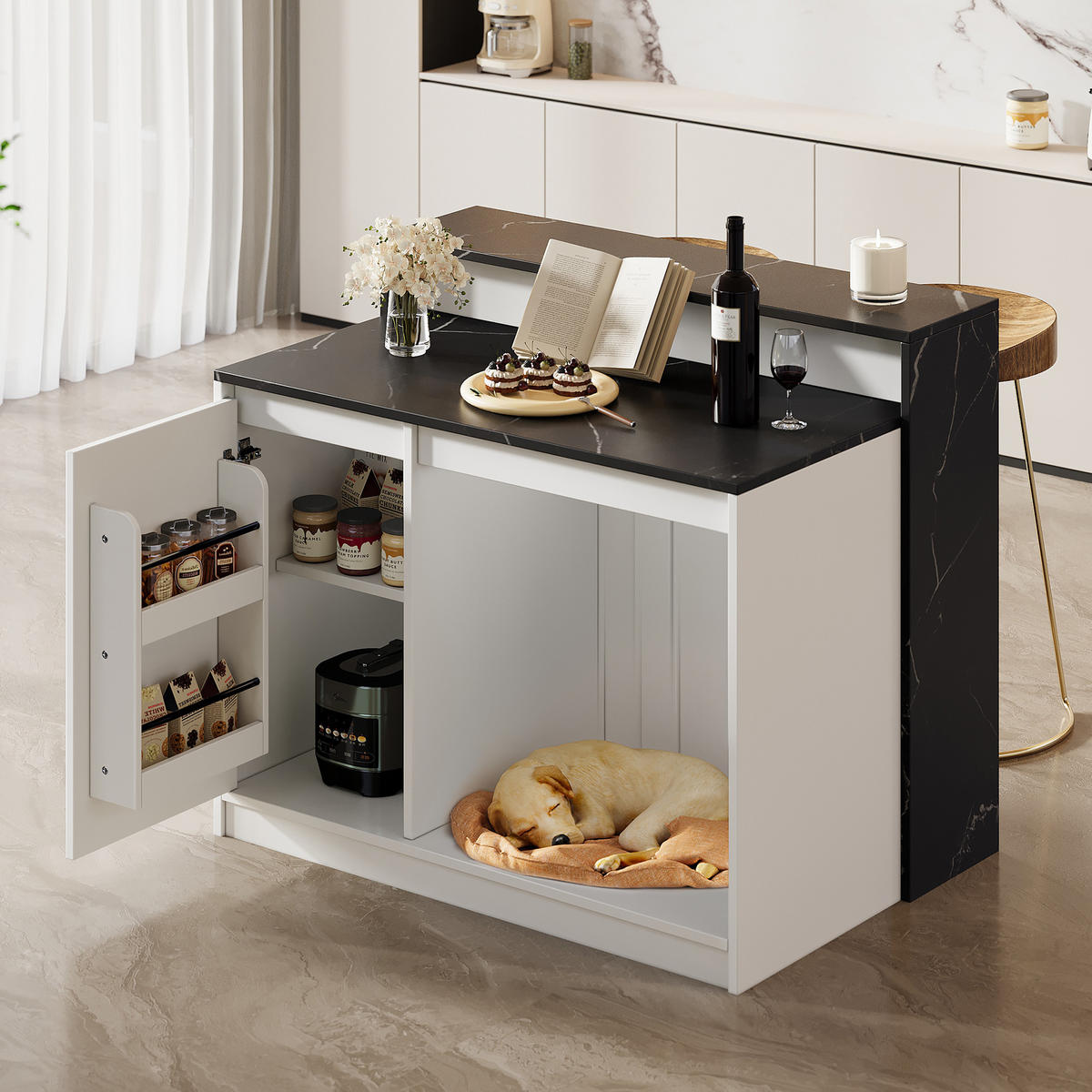 KÜCHENINSEL Schwarz-Weiß Marmoroptik mit Haustierbereich 120×80×100 cm aus MDF - Weiß, Holzwerkstoff (120/100/80cm) - Luhomfu