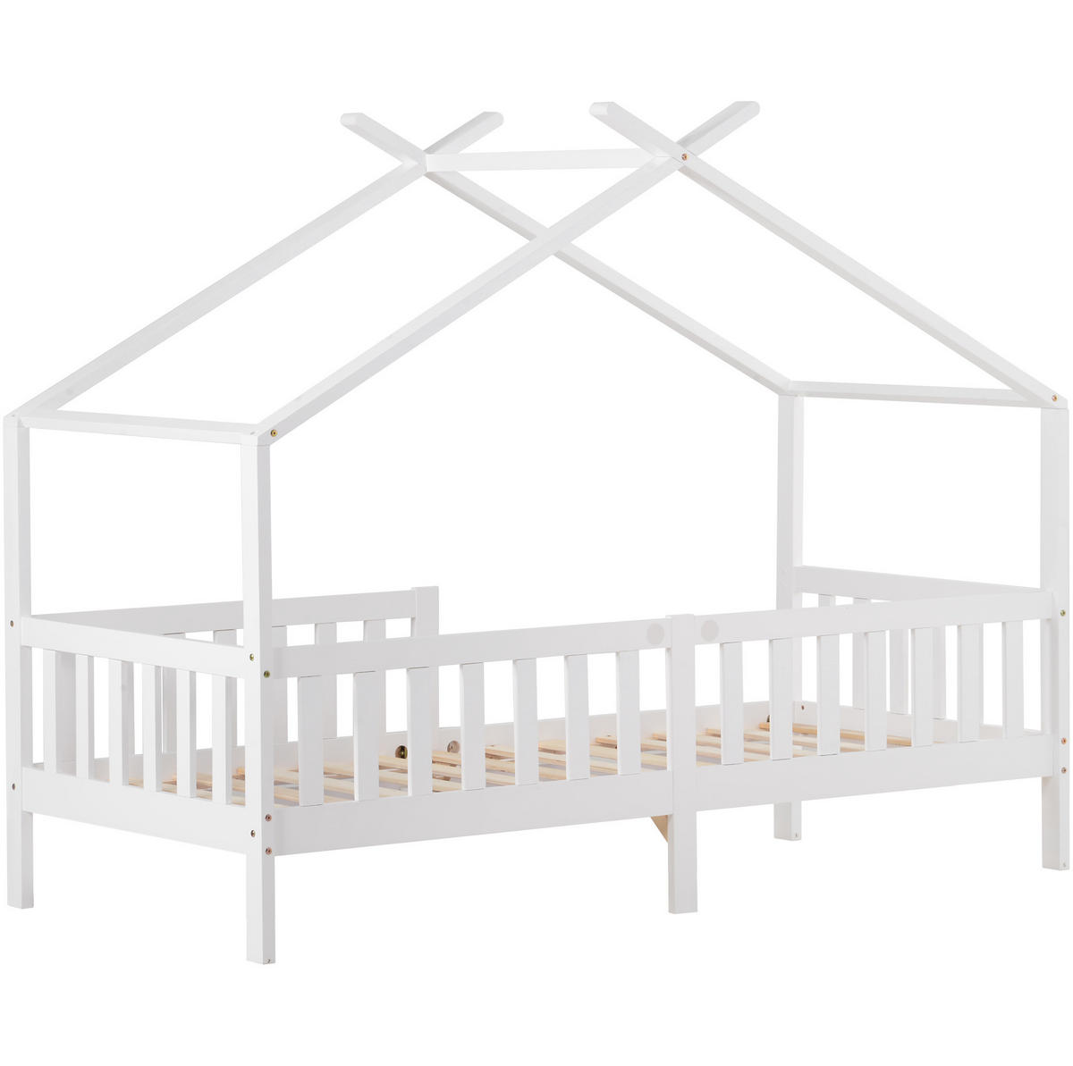 HAUSBETT aus massivem Kiefernholz 90x200 cm Weiß mit Rausfallschutz, Lattenrost und Hausbett-Design - Weiß, Holzwerkstoff (90/200cm) - Modfu