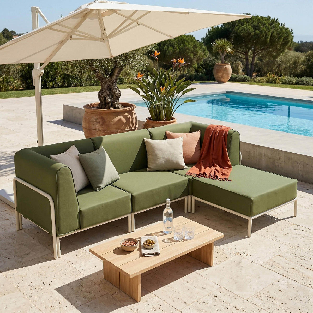 GARTENSOFA mit 4 Sitzplätzen, Khakigrün - Grün, Textil (80/78/216cm) - Oviala