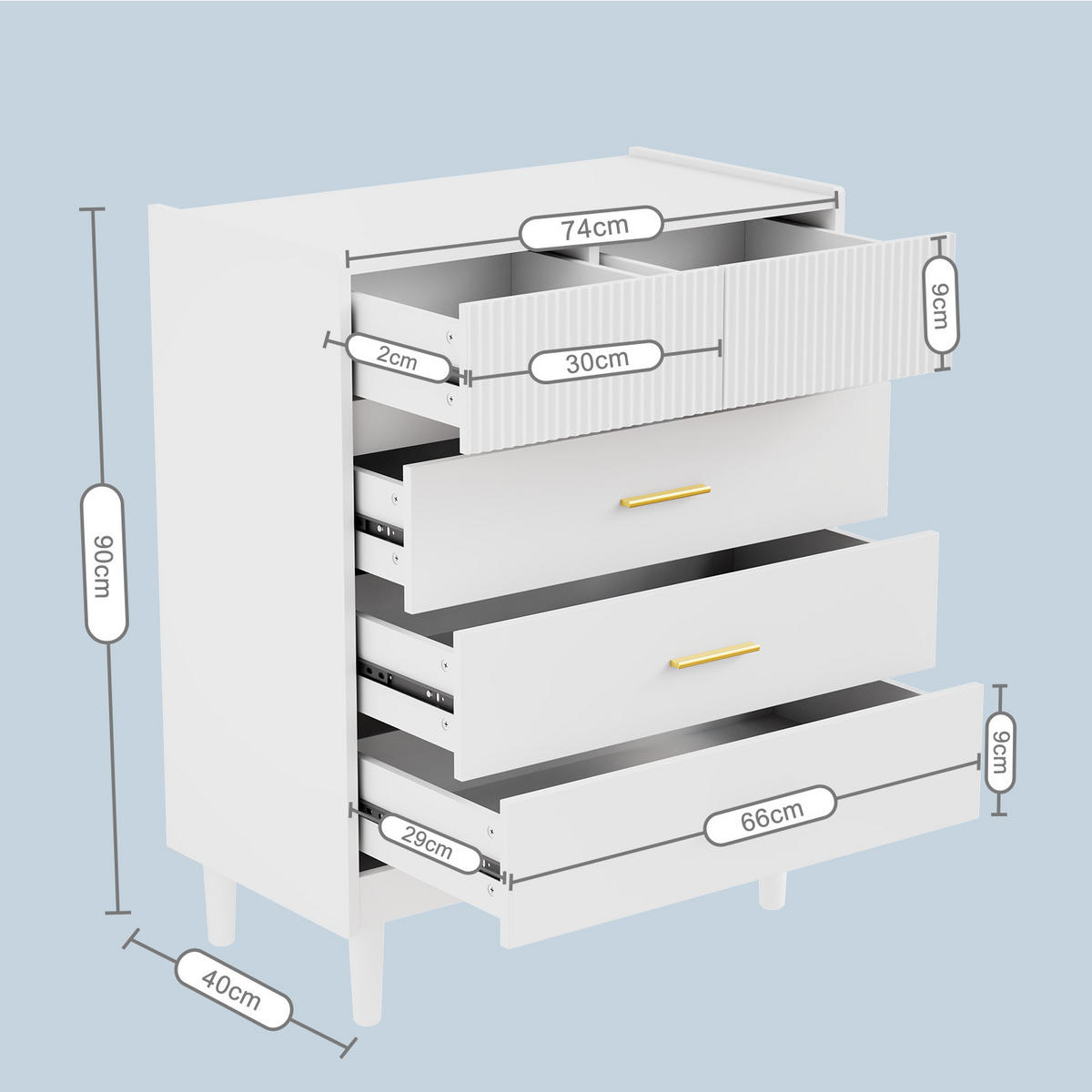 SCHUBLADENKOMMODE mit Füßen in 74/90/40cm-DG2 - Weiß, Holzwerkstoff/Metall (74/90/40cm) - HOMAVO