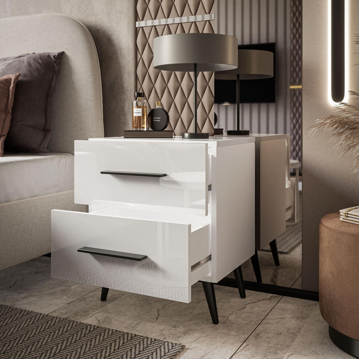 NACHTTISCH AURA LUX mit Hochglanzplatte auf Beinen – Beinfarbe: Schwarz - Weiß, Holzwerkstoff (45/55/39cm) - Lookway