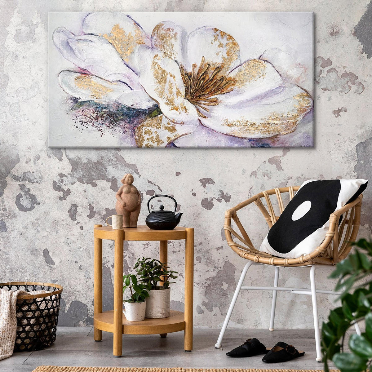 GEMÄLDE Goldene Pfingstrose auf Keilrahmen 120x60 cm - Goldfarben, Holz (120/60cm) - YS-art gallery