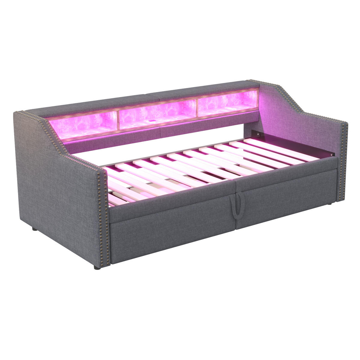 SCHLAFSOFA Ausziehbares 90/180/200 cm Dunkelgrau mit Multifunktionalem Staufach und LED-Licht - Dunkelgrau, Textil (90/200cm) - OKWISH