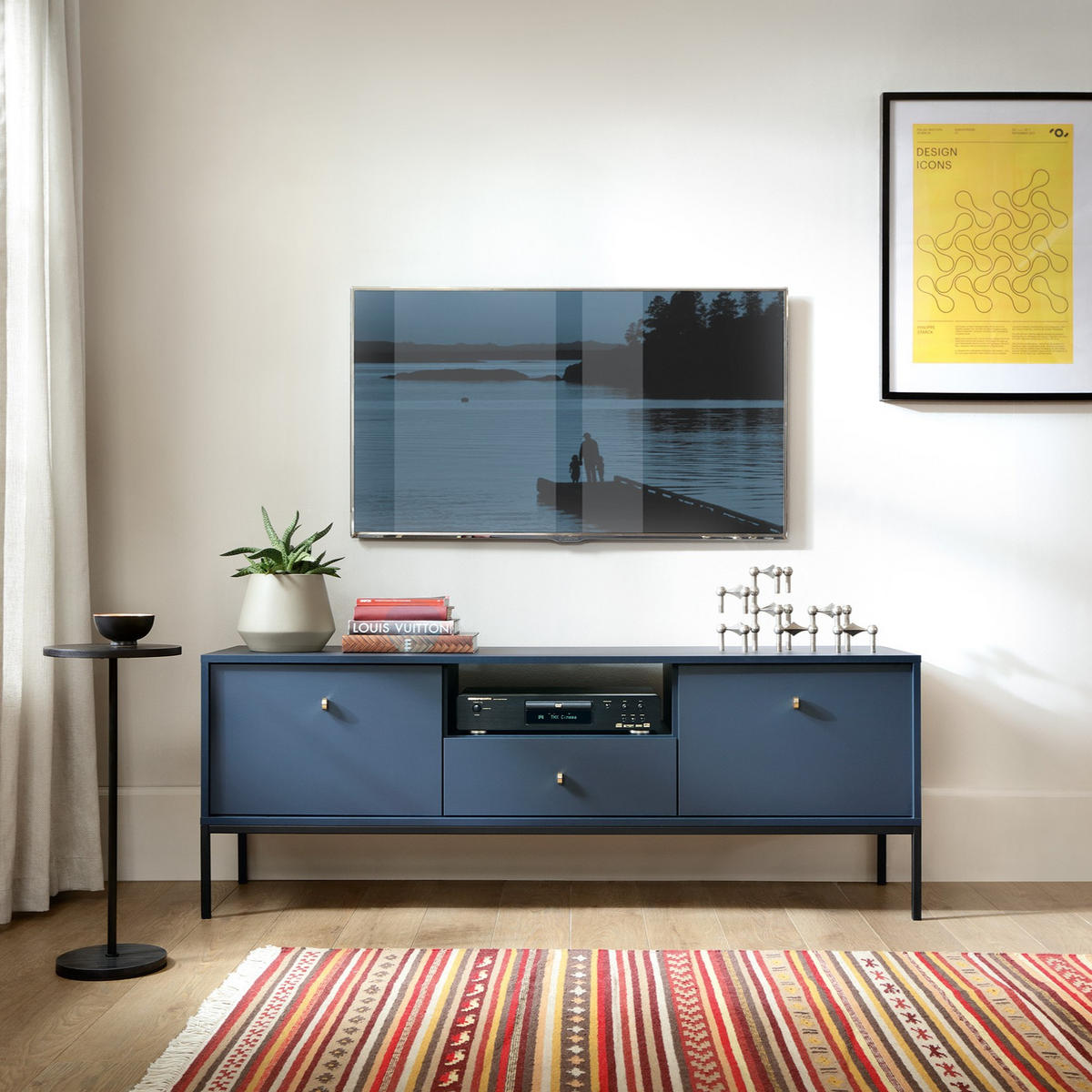 TV-BOARD BARI RTV2D1SZ (Blau, Goldene Griffe, Schwarzes Gestell, Schublade) - Goldfarben/Schwarz, Holz/Holzwerkstoff (154/56/39cm) - Ravio