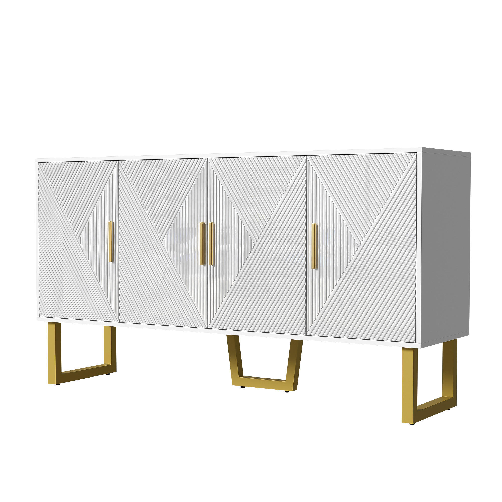 SIDEBOARD Weiß, 4 Türen, Hochglanzfront, Goldgriffe - Weiß, Holz (150/82/40cm)