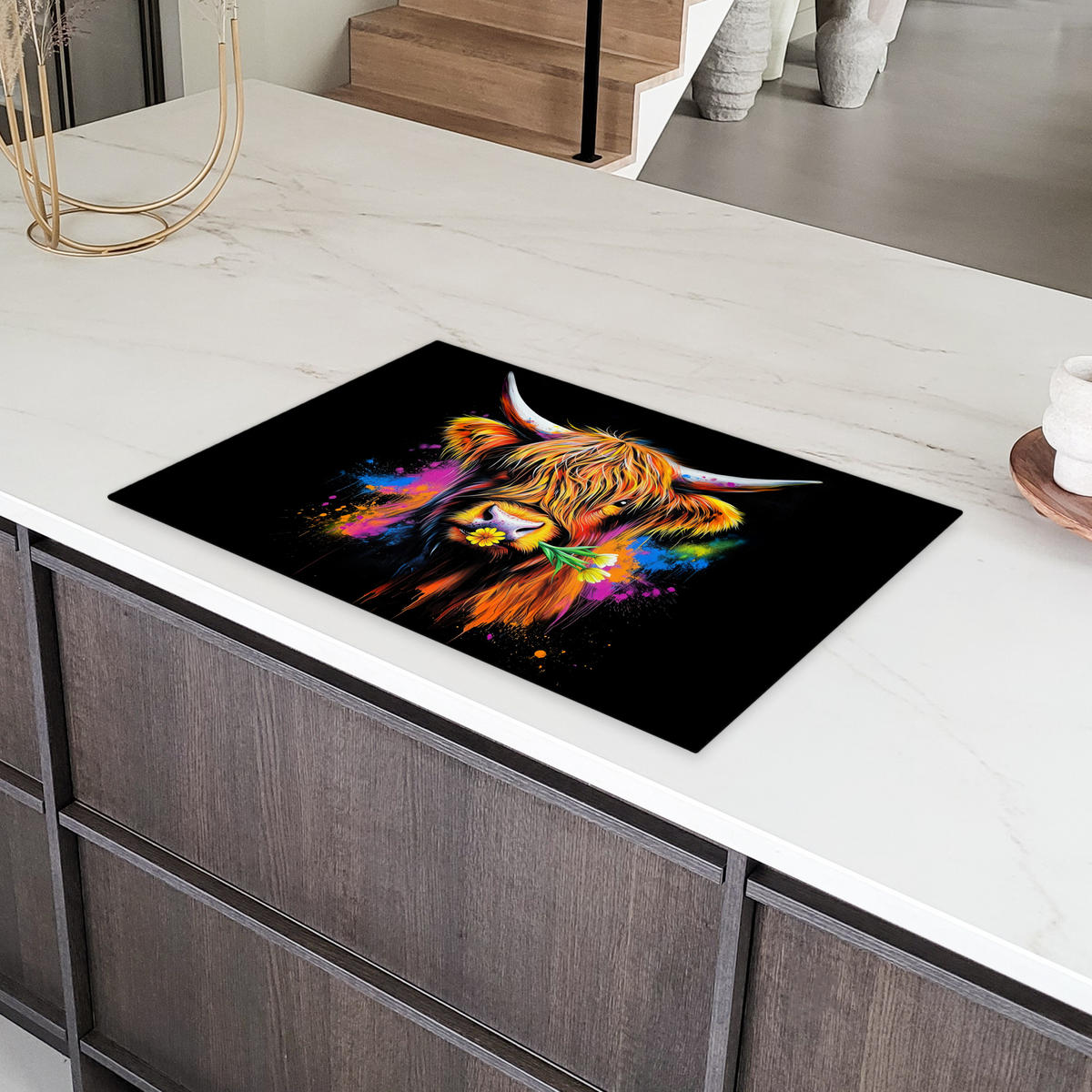 HERDABDECKPLATTE Schottischer Highlander - Graffiti - Bunt - Blume - Tiere Induktionsmatte 81x52 cm - Multicolor, Kunststoff (81/52/0.2cm) - MuchoWow