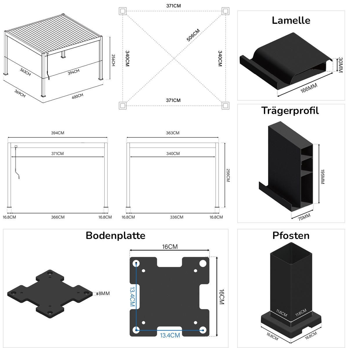 PERGOLA Superior Aluminium freistehend 3,6 x 4 M Lamellendach sand - Beige, Metall (360/255/400cm) - PergoLine