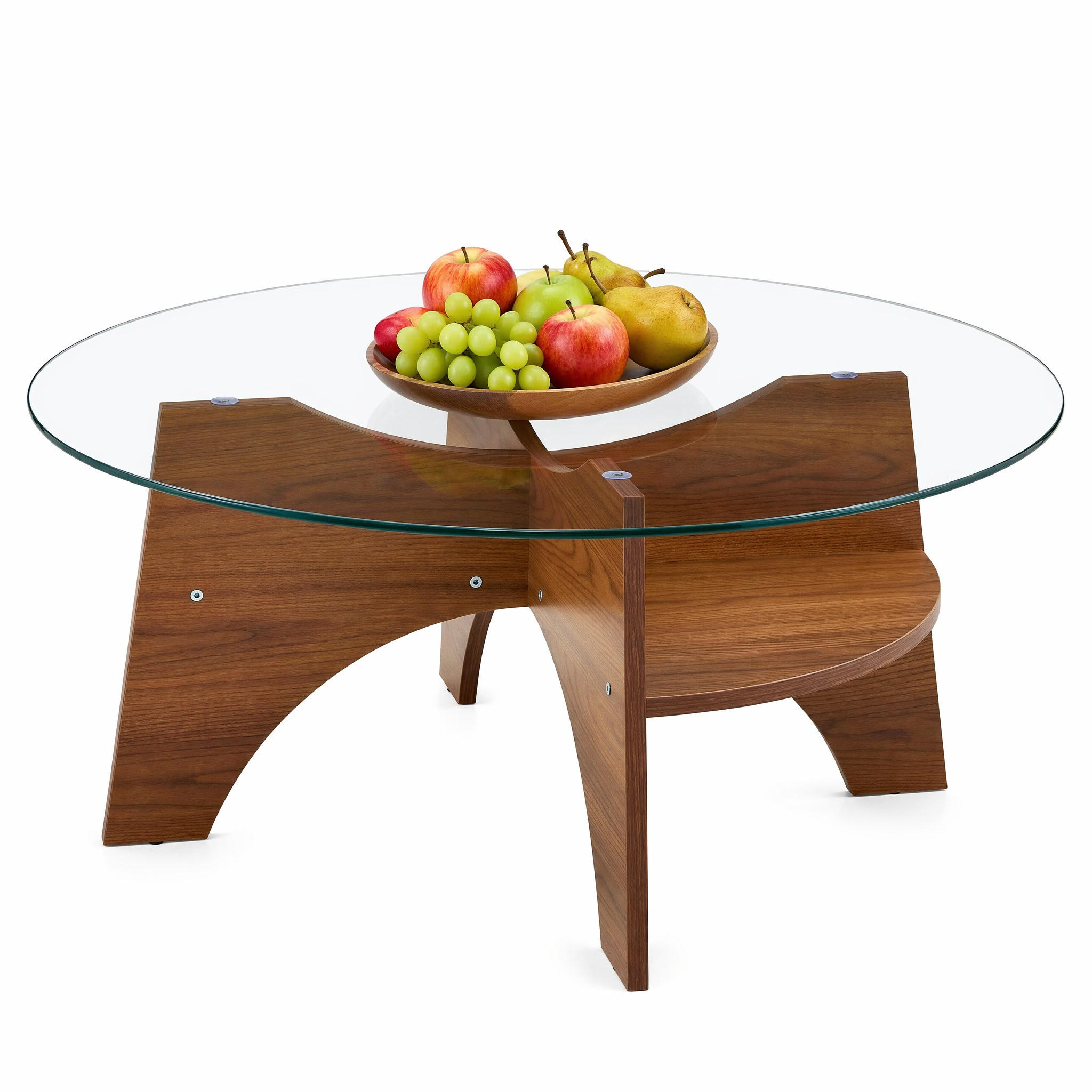 KONFERENČNÍ STŮL kulatý v barvě ořechu moderní odkládací stolek do jídelny a obýváku Ø80x36 cm - barva vlašského ořechu/průhledná, kompozitní dřevo/sklo (80/80/36cm) - STILVORA