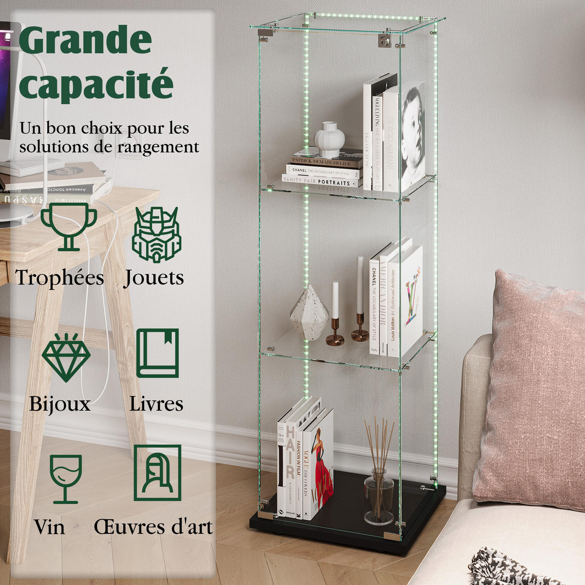 VITRINE 125x42x36 cm, LED, Schloss, 3 verstellbare Böden, Schwarz - Schwarz, Holz (40/123/35cm)