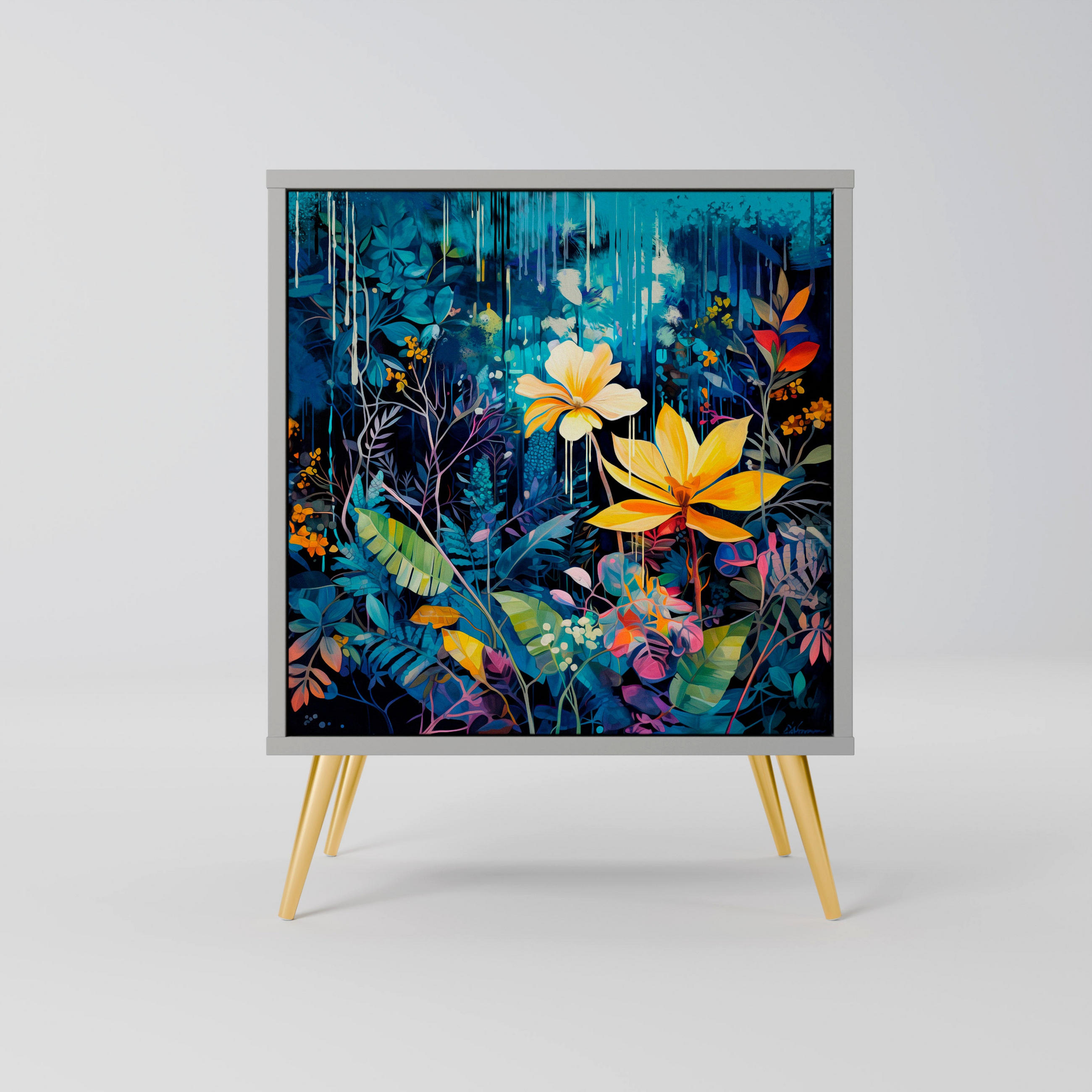 SIDEBOARD MIDNIGHT BLOSSOM, Grau, 57,5x42x75,5 cm, Goldfarbene Metallfüße - Goldfarben/Multicolor, Holzwerkstoff/Metall (57.5/75.5/42cm) - SpaceRebels