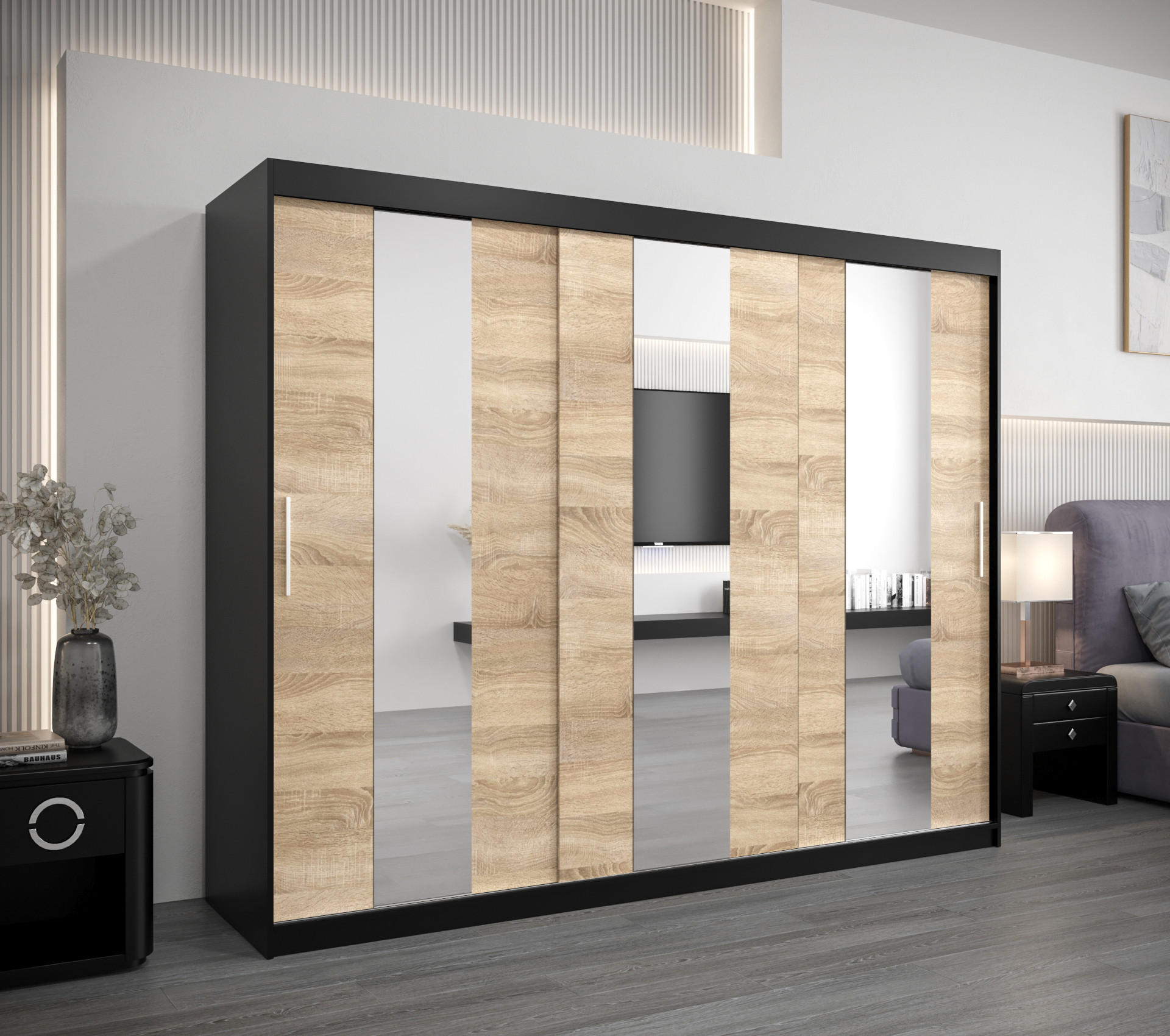 SCHWEBETÜRENSCHRANK 200/250/62 2-türig - Silberfarben/Schwarz, Holz/Kunststoff (250/200/62cm) - Abiks Möbel