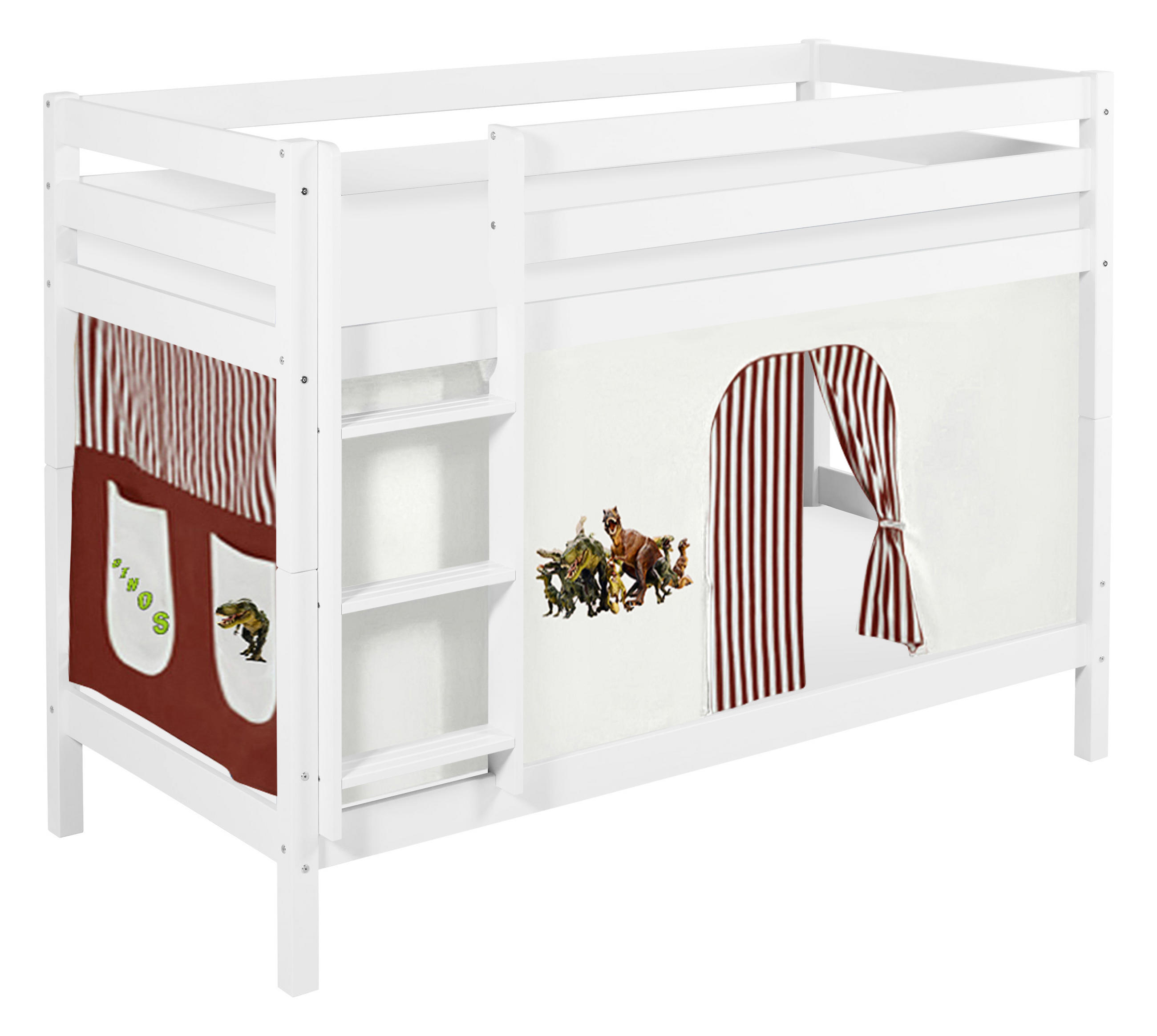 ETAGENBETT JELLE 90x190 cm Dinos braun - Hochbett - inkl. Vorhang und 2 Lattenrosten - Weiß, Holz - Lilokids