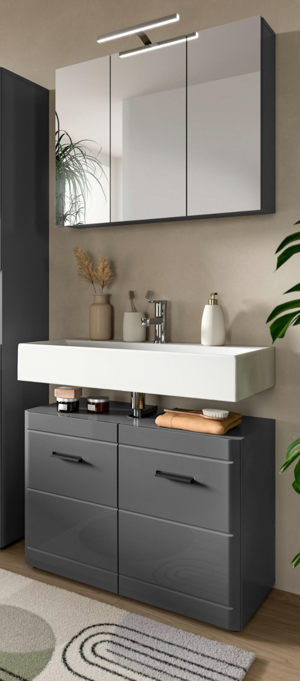 BADMÖBEL-SET 2-teilig grau Hochglanz 80 cm, Badschränke mit Soft-Close - Grau, Glas/Holzwerkstoff (80/190/34cm) - Inn.Furn