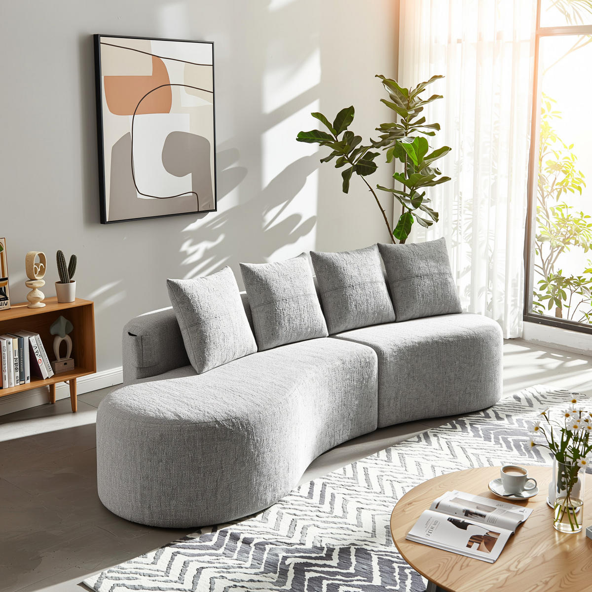 3-SITZER SOFA leinenstoff farbwahl mit getränkehalter & seitentaschen - Hellgrau, Textil (240/63/109cm) - Urban Meuble