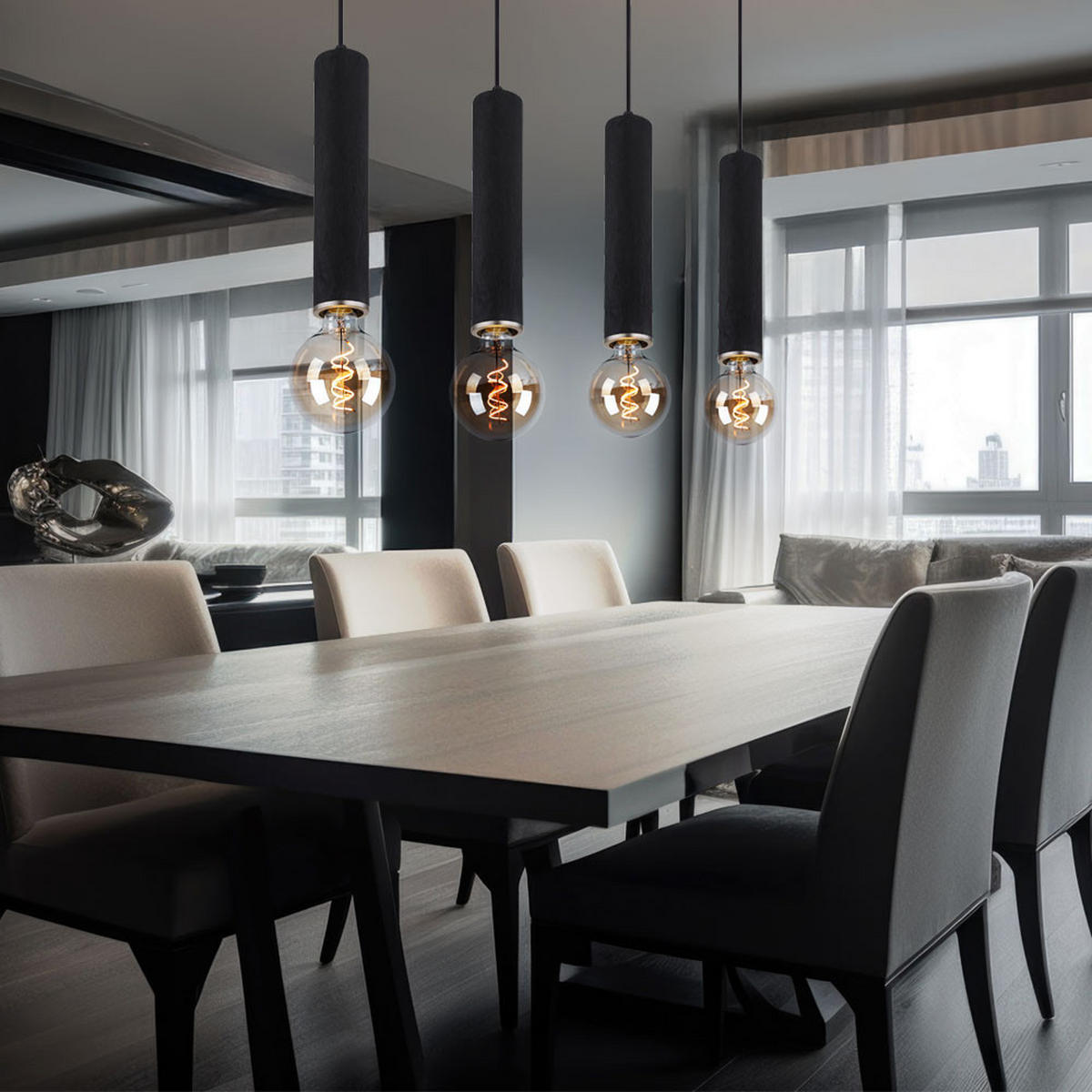 LED HÄNGELEUCHTE Metall Holzoptik Schwarz 4-flammig - Schwarz, Holz (93/10/120cm) - Globo Lighting