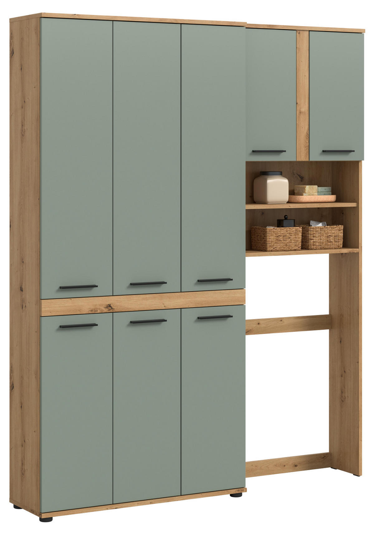 HOCHSCHRANK Set Salbei grün, Eiche Artisan 153 x 191 cm, Badschrank XXL - Salbeigrün/Schwarz, Holzwerkstoff/Kunststoff (153/191/31cm) - Inn.Furn