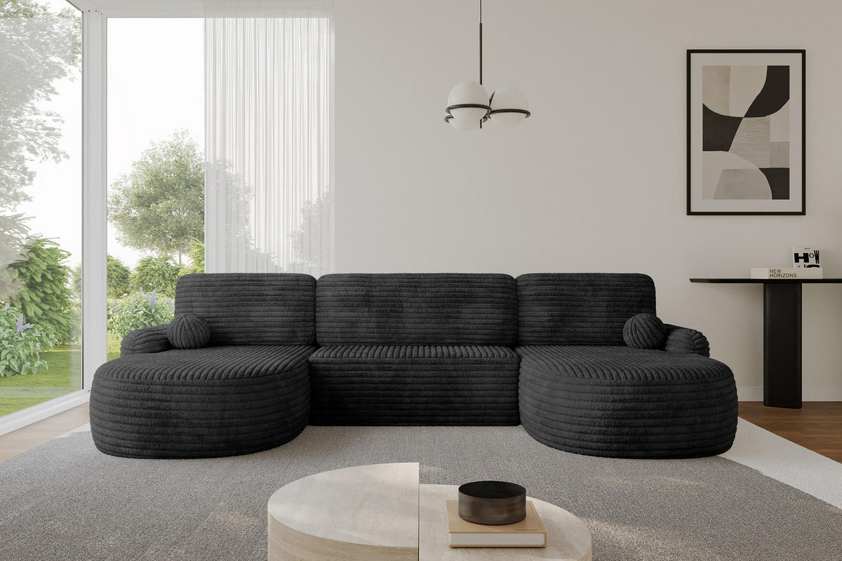 WOHNLANDSCHAFT mit Schlaffunktion und Bettkasten LIRA-U - 335x172x89 Schwarz - Schwarz, Holzwerkstoff/Textil (335/89/172cm) - ALTDECOR