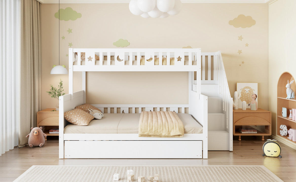 ETAGENBETT 90/200 und 140/200 cm in Weiß mit Stauraum und Rollbett - Weiß, Holz (90/200cm) - OKMYHOME