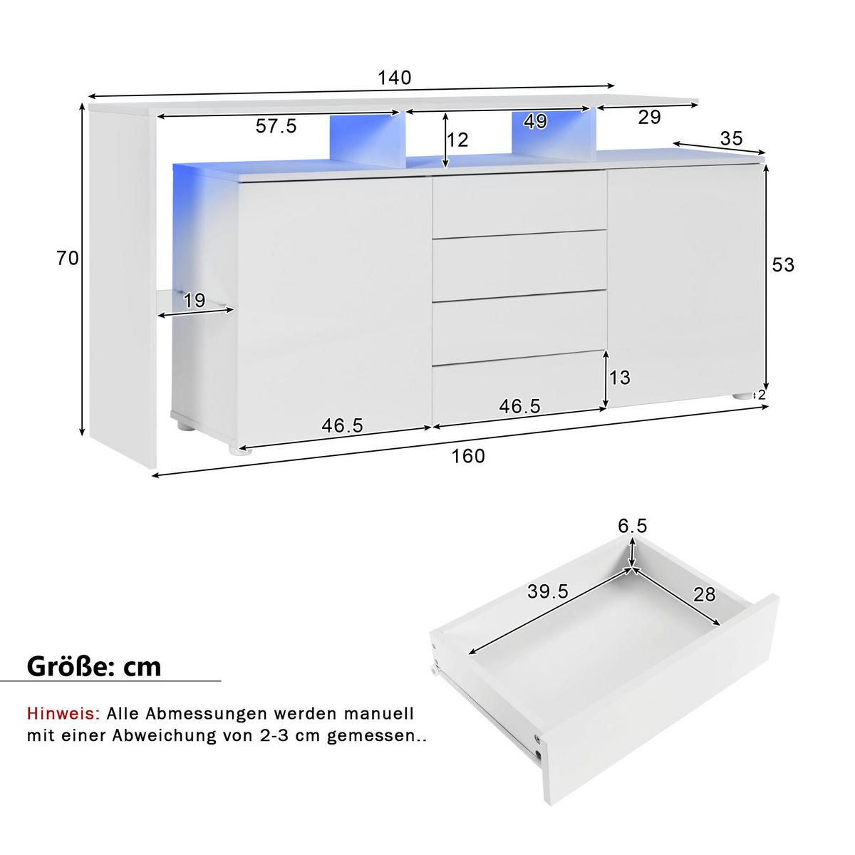 SIDEBOARD 160/35/70 cm mit LED-Beleuchtung, 4 Schubladen, 2 Türen und Push-to-open, Weiß - Weiß, Holzwerkstoff (160/70/35cm) - Redom