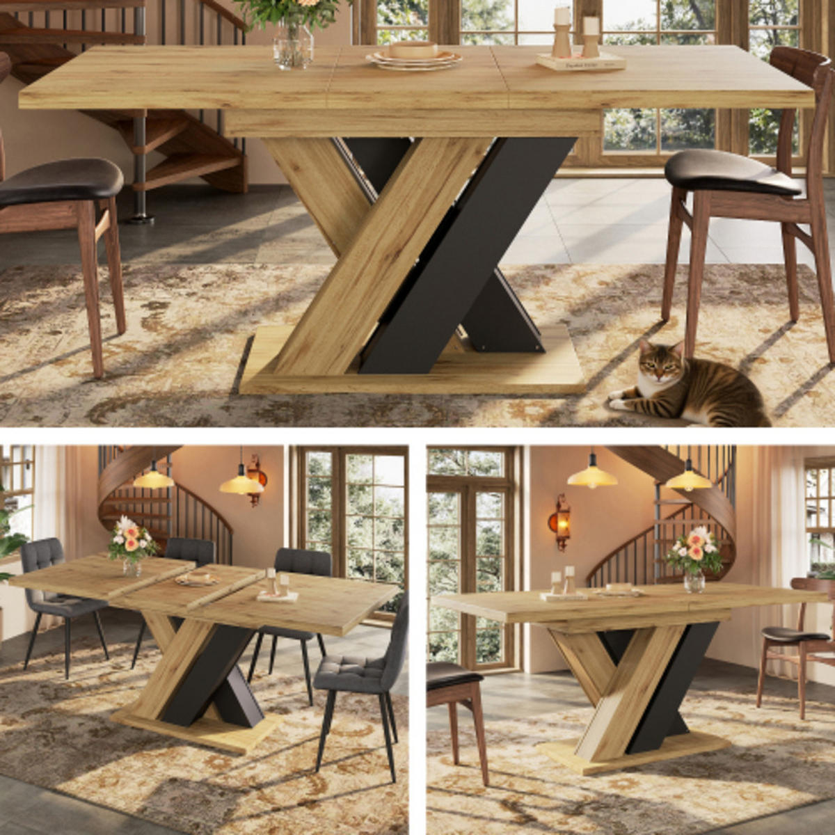 ESSTISCH naturfarben aus MDF mit integriertem Ablagefach und X-Beinen 119–158,5 × 80 × 75 cm - Naturfarben, Holzwerkstoff (158.5/80/75cm) - Luhomfu
