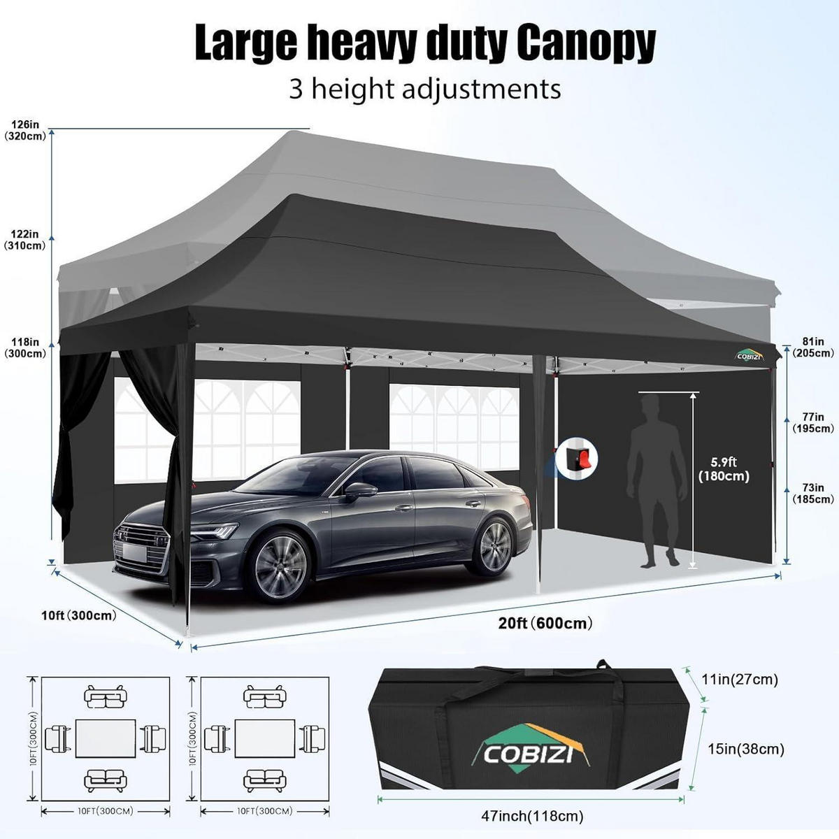 FALTPAVILLON 3x6m mit 6 Seitenwänden Schwarz - Schwarz, Textil (300/320/600cm)