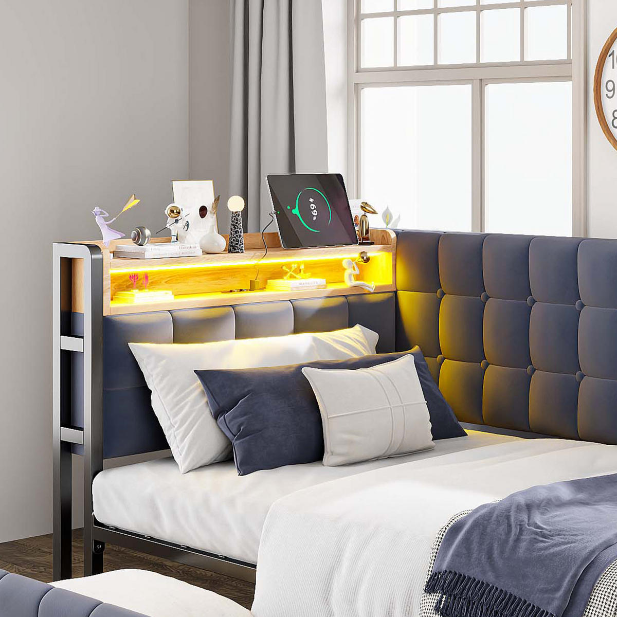 POLSTERBETT 90x200 cm LED USB Schubladen grau - Grau, Textil (90/200cm) - LEBENLANG