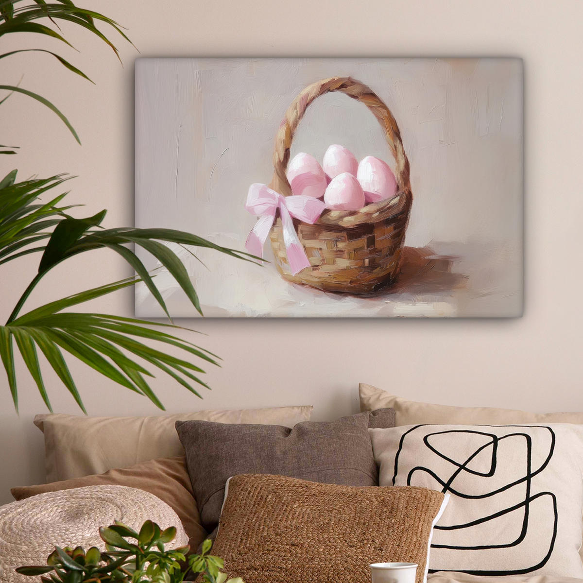 LEINWANDBILD Korb - Eier - Rosa Gemälde 60x40 cm - Beige, Textil (60/40cm) - MuchoWow
