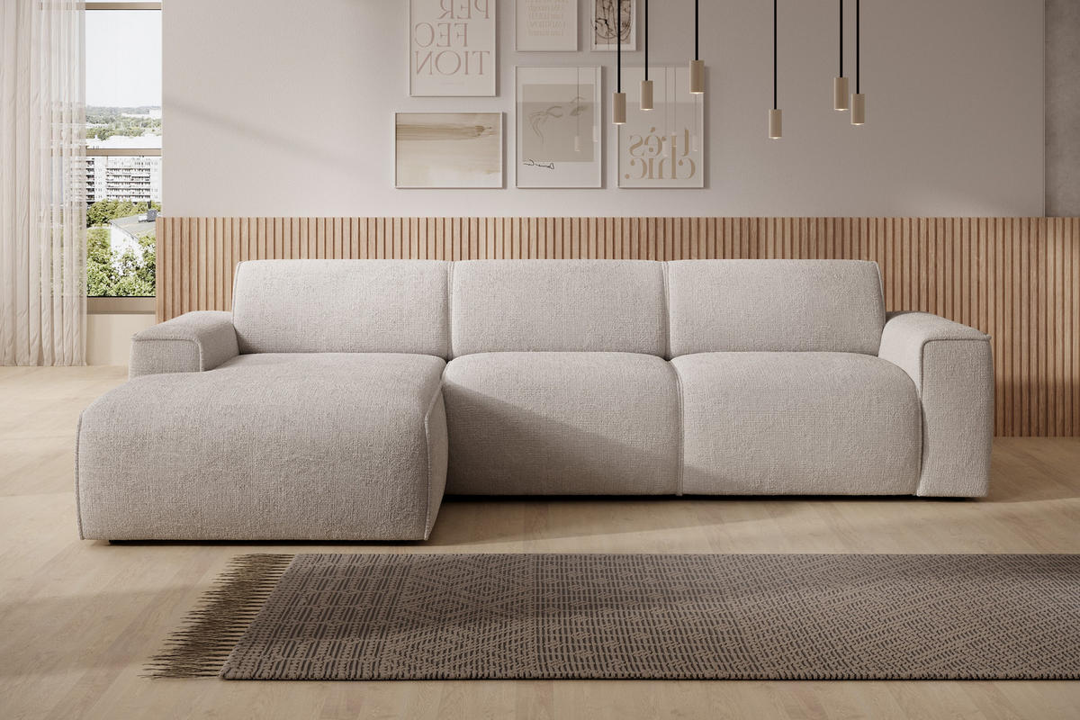 ECKSOFA L Form Didim mini Creme 310/165/78 cm – stilvolle kleine Eckcouch L - Creme/Schwarz, Kunststoff/Textil (165/310cm) - AX Living