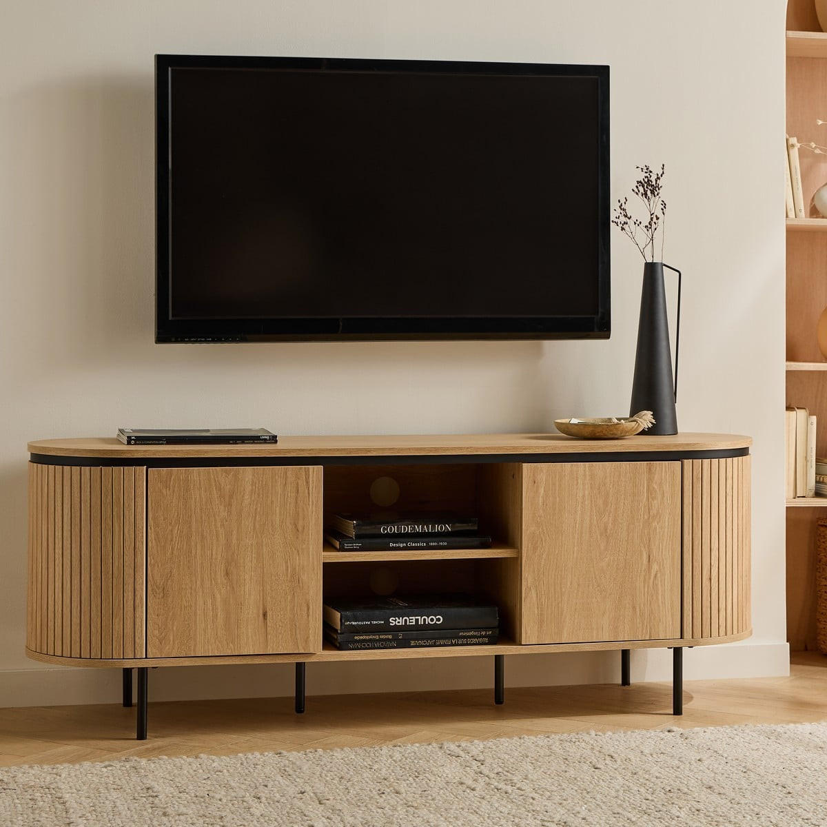 TV-MÖBEL mit 2 Türen und seitlichem Rillen-Effekt 150/55/40 cm - Eschefarben, Holzwerkstoff (40/55/150cm) - Calicosy