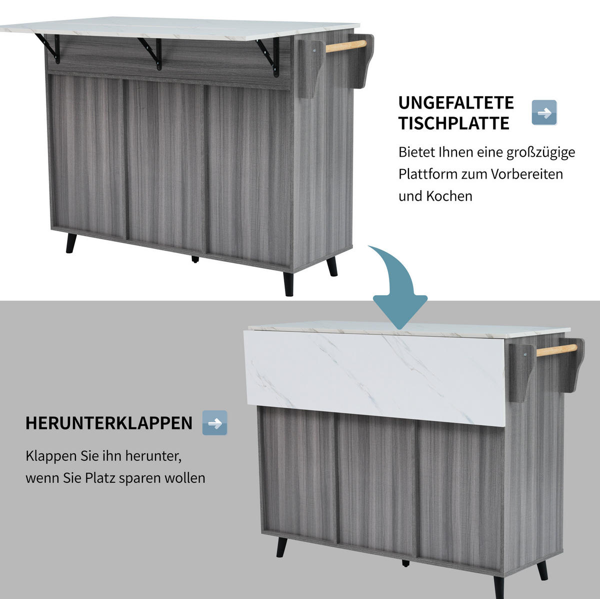 KÜCHENINSEL 129x71x91.5cm Grau mit Ausziehplatte, Schubladen & Rollen/Füßen - Grau, Holzwerkstoff (129/91.5/71cm) - Modfu