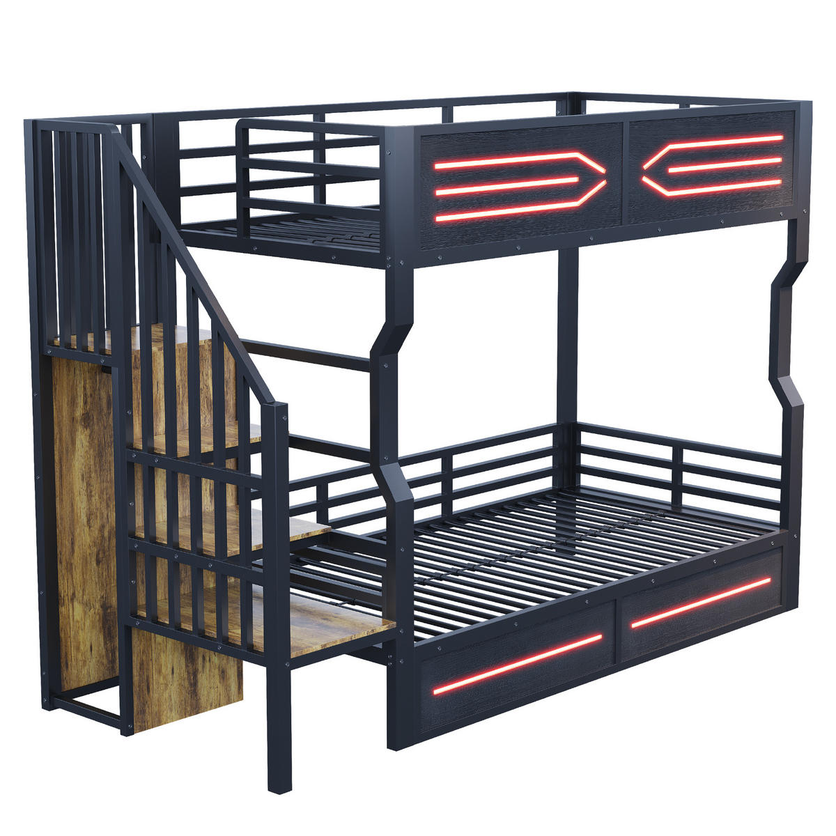 HOCHBETT 90/200 cm in Schwarz Jugendbett mit Treppe, Stauraum und LED Metall-Design - Schwarz, Holzwerkstoff/Metall (90/200cm) - STILVORA