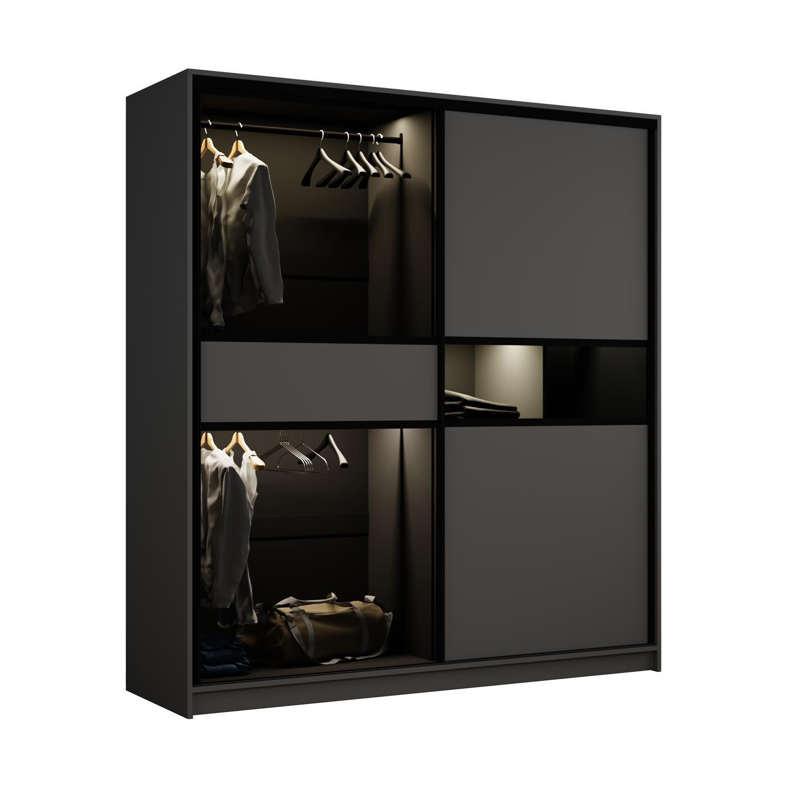 KLEIDERSCHRANK Night Graphit, Zweitüriger Schiebeschrank mit LED-Beleuchtung - Graphitfarben, Holzwerkstoff (203/217/60cm) - Bettso