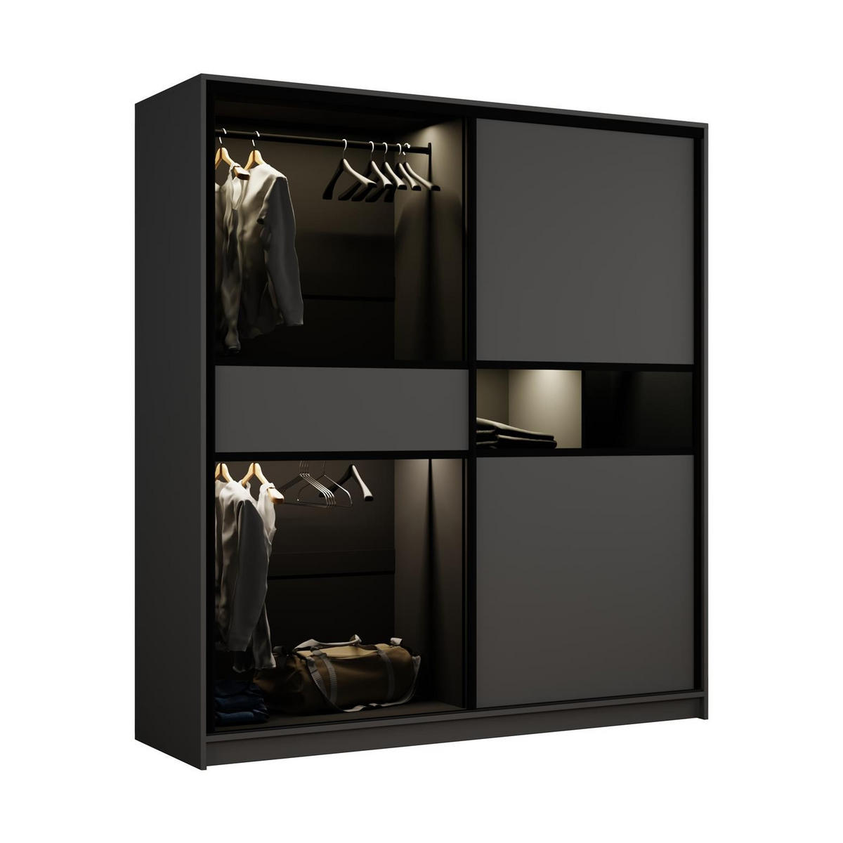 KLEIDERSCHRANK Night Graphit, Zweitüriger Schiebeschrank mit LED-Beleuchtung - Graphitfarben, Holzwerkstoff (203/217/60cm) - Bettso