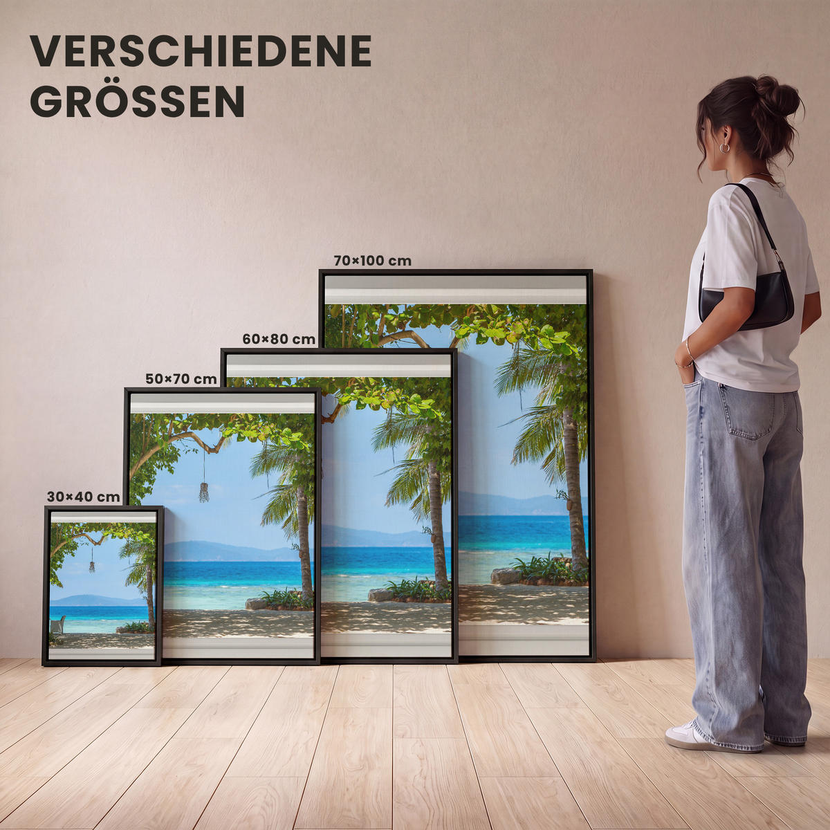 LEINWAND Bilder mit Rahmen - Aussicht - Baum - Meer - Palme - Hügel - Strand - Blau - 30x40 - Blau, Textil (30/40cm) - MuchoWow