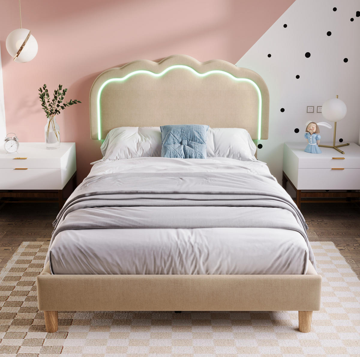 POLSTERBETT 90/200 cm aus Leinen mit LED-Kopfteil Beige - Beige, Textil (90/200cm) - Modenvie