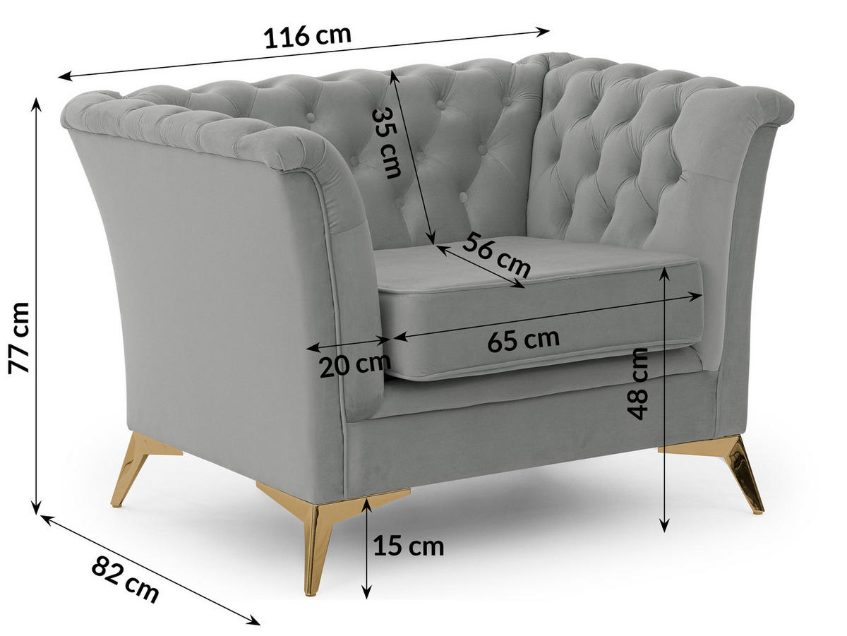 SITZGARNITUR 3+2+1 Chesterfield Whitby Grau Samt mit goldenen Füßen - Goldfarben/Grau, Holz/Textil (237/78/82cm) - S-Style Möbel