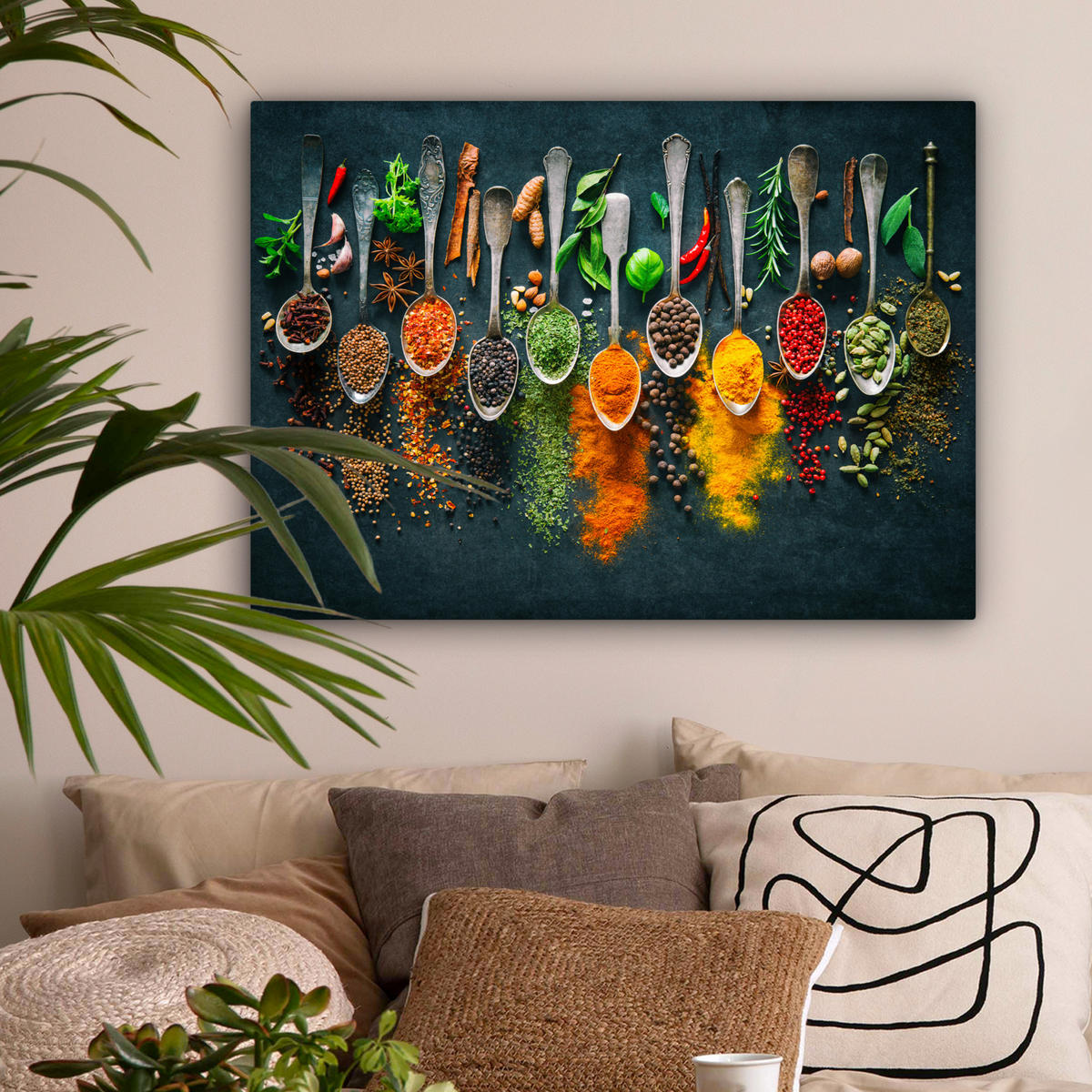 LEINWANDBILD Kräuter - Gewürze - Löffel Wandbilder 80x60 cm - Currygelb, Textil (80/60cm) - MuchoWow