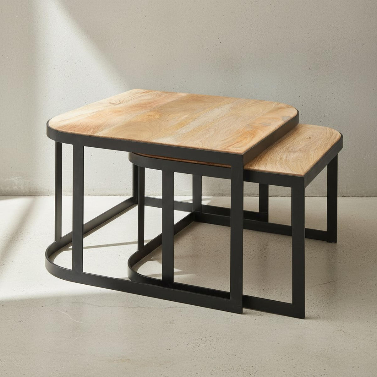 BEISTELLTISCH 2er Set Mango Massivholz Eisen Abgerundete Ecken TIMAVO, Braun 60x60x40 cm - Schwarz/Braun, Holz/Metall (60/60/40cm) - KADIMA DESIGN