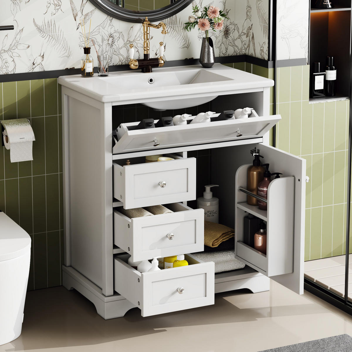 WASCHTISCH,BADEZIMMERMÖBEL mit Keramikbecken Weiß 4 Schubladen - Weiß, Holz/Metall (76/87/46cm) - PARAFTA HOME