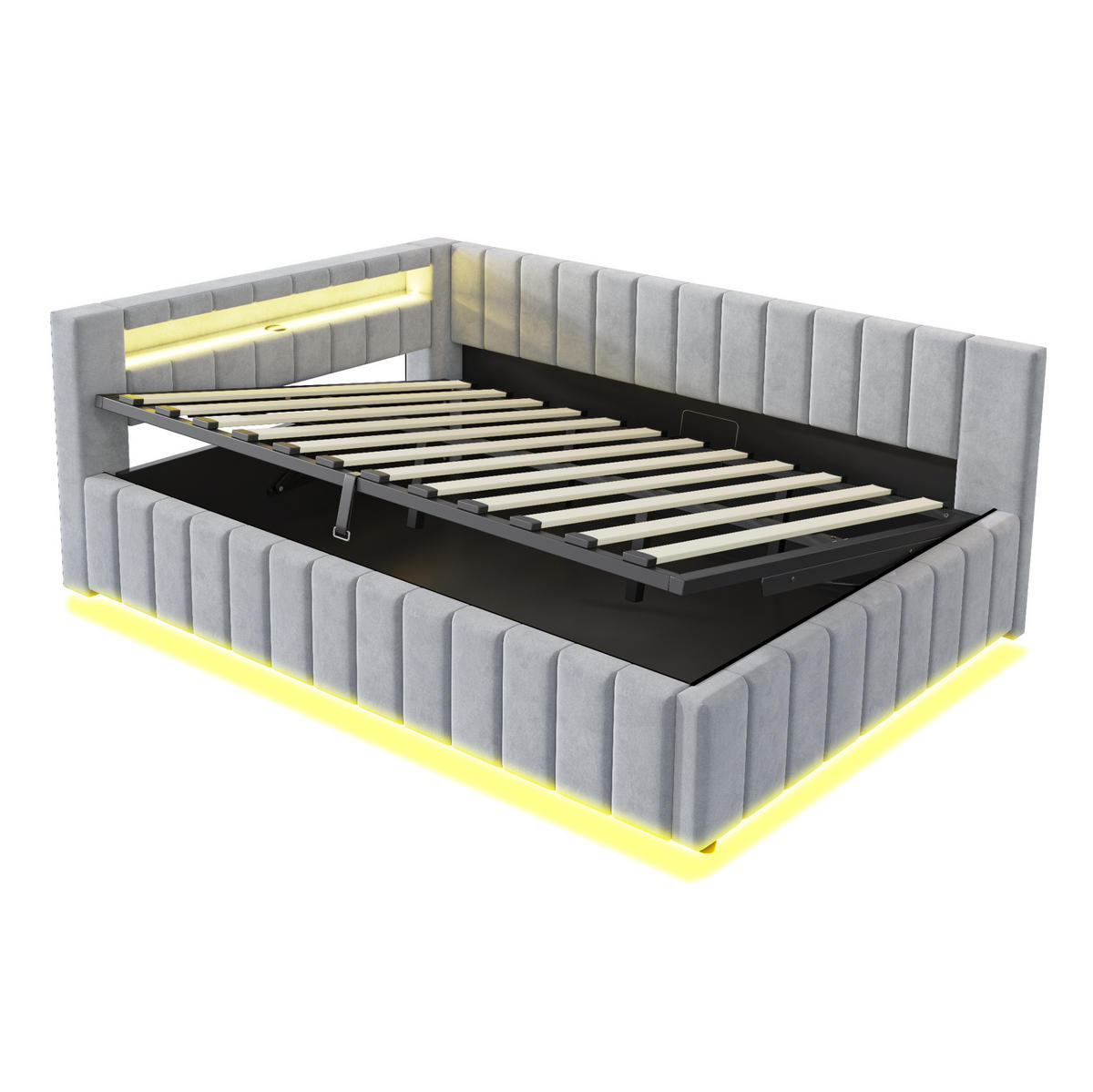 POLSTERBETT 140/200 cm aus Samt mit LED-Licht und USB-Anschluss, Grau - Grau, Textil (140/200cm) - OKMYHOME