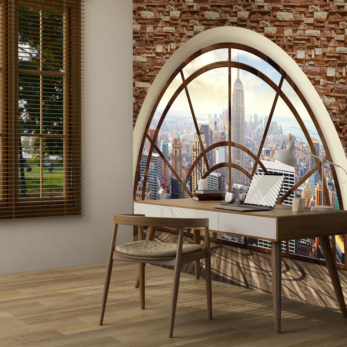 FOTOTAPETE für Wohnzimmer New York Fensterblick Panorama Stadt 250x175 - Beige/Braun, Papier (250/175cm) - Muralo