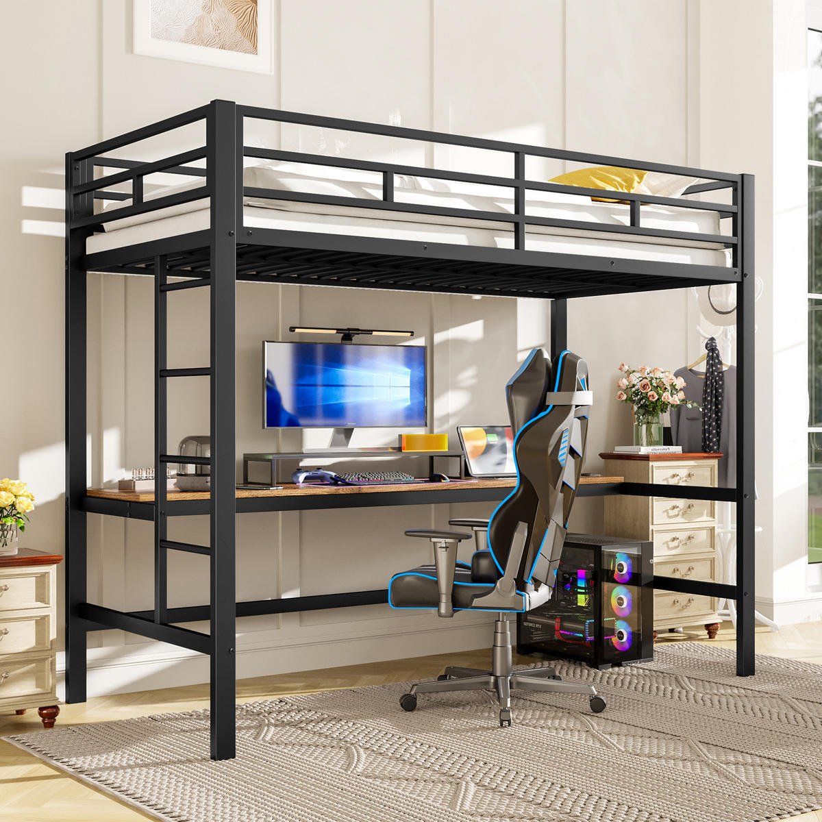 HOCHBETT aus Metall 90x200 cm Schwarz mit Schreibtisch, LED-Lichtleiste, Steckdose, USB und Typ-C - Schwarz, Metall (140/190cm) - Modfu