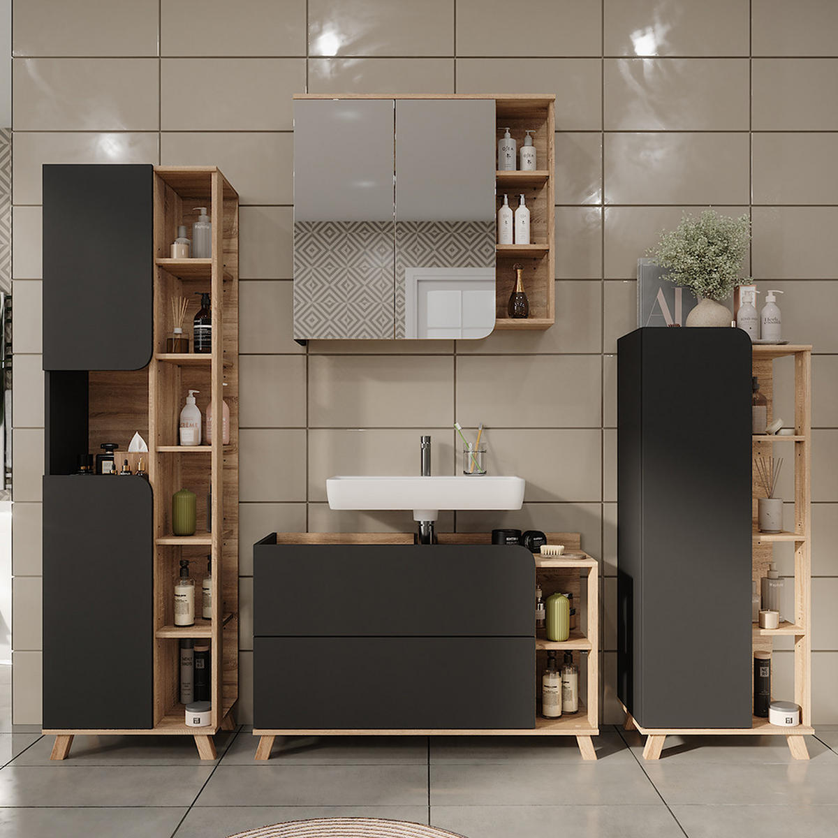 BADMÖBEL-SET Karen Sonoma/Anthrazit 4 Teile - Anthrazit, Holzwerkstoff (100/65/35cm) - Vicco
