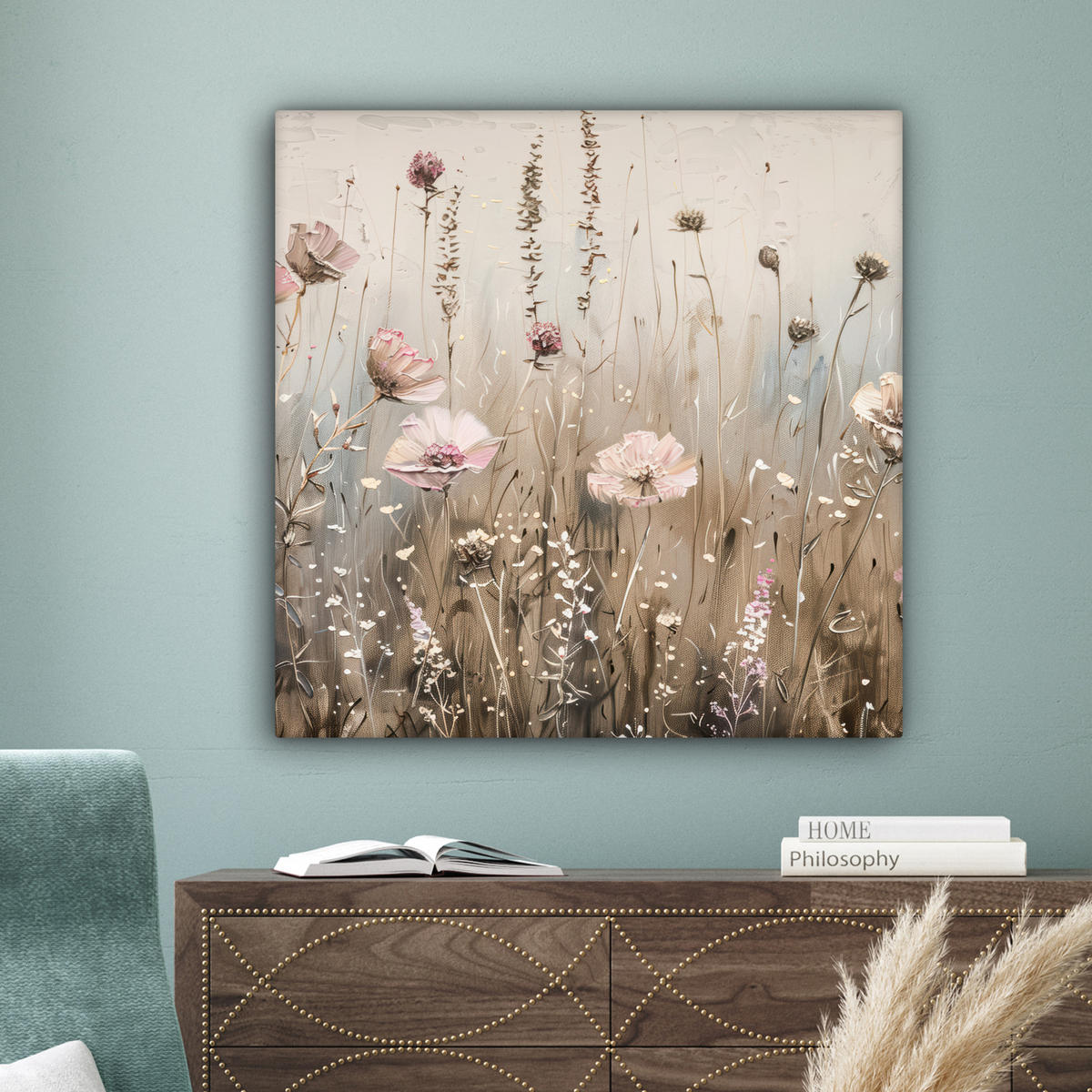 LEINWANDBILD Blumen - Rosa - Modern - Beige Deko Groß 90x90 cm - Beige, Textil (90/90cm) - MuchoWow