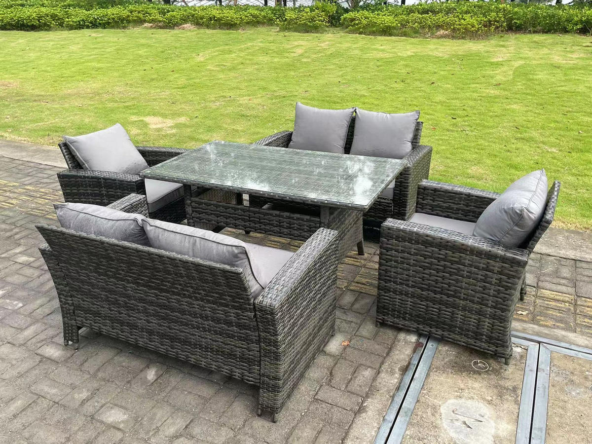 GARTENMÖBELGARNITUR mit Esstisch Polyrattan Dunkelgrau 6-Sitzer - Dunkelgrau/Grau, Glas/Kunststoff - Fimous
