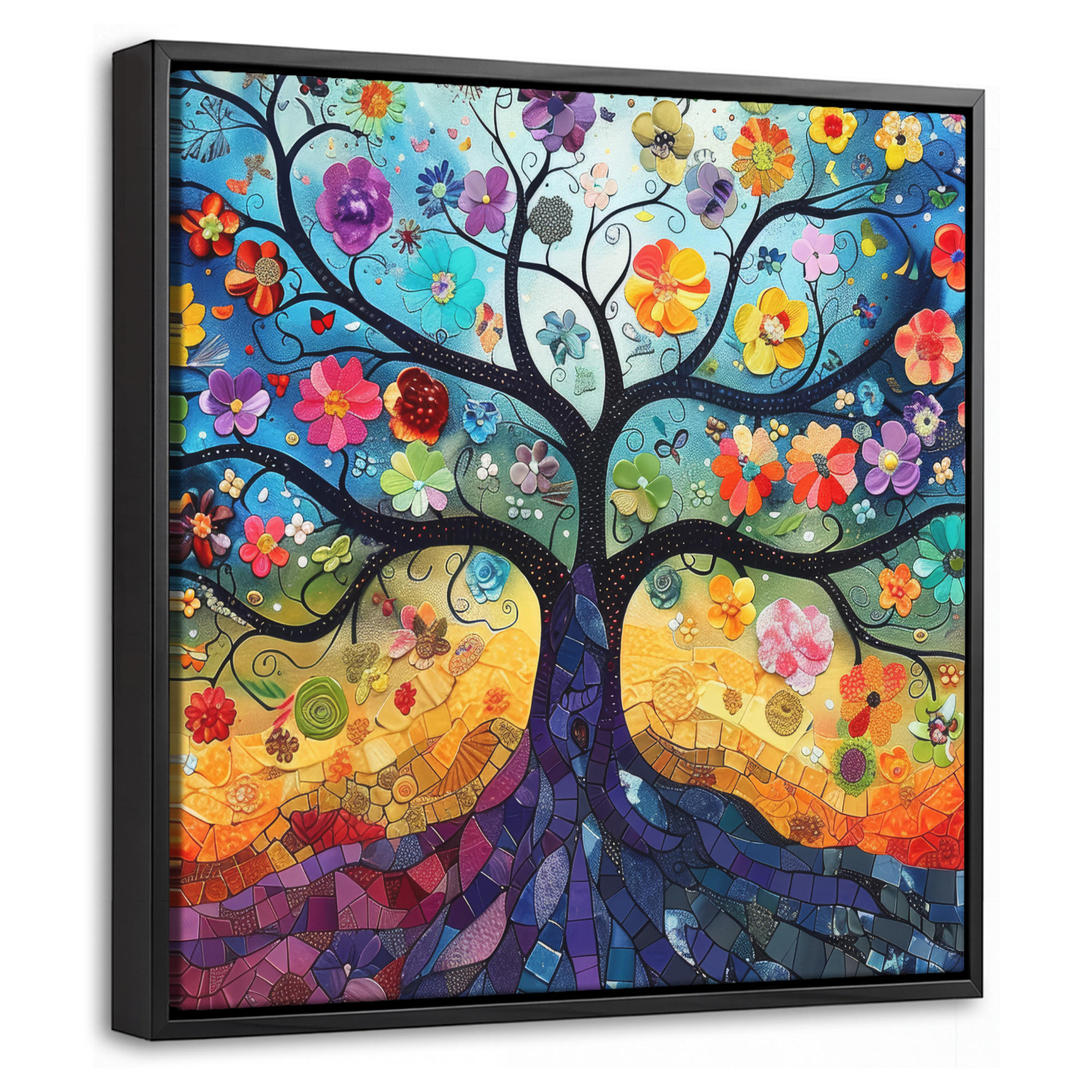 LEINWAND Bilder mit Rahmen - Kunst - Baum des Lebens - Blumen - Hippie - 20x20 - Dunkelblau, Textil (20/20cm) - MuchoWow